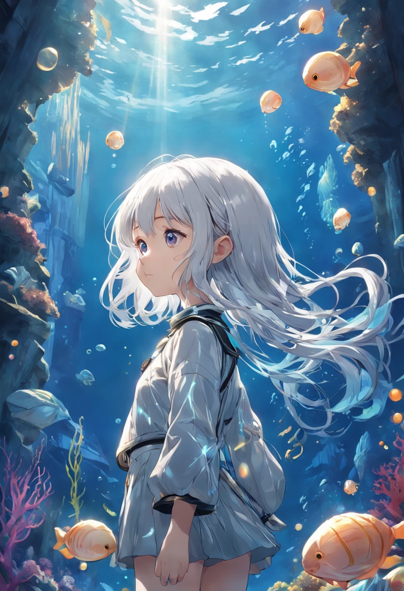 Undersea juvenile silver-haired shell house,Girl with short white hair,Flying strands of hair,Colorful bubbles,A plant,Sparkling,ocean floor,( reasonable design, Clear lines, High sharpness,Best quality, Very detailed, Masterpiece, movie light effect, 4K )