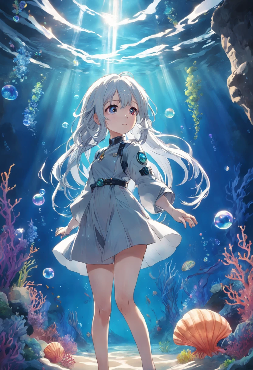 Undersea juvenile silver-haired shell house，Girl with short white hair，Flying strands of hair，Colorful bubbles，A plant，Sparkling，ocean floor，( reasonable design, Clear lines, High sharpness,Best quality, Very detailed, Masterpiece, movie light effect, 4K )