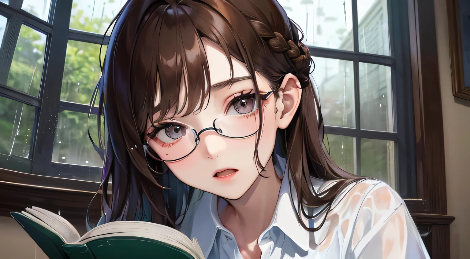 (((1人の女性)))、(Top resolution、Distinct_image) best qualtiy、((early evening))、(((Rain outside the window)))、((Have a book))、masterpiece、ighly detailed、Semi-realistic、Brown hair、eye glass、Braided hairstyle、deadpan、bangss、21 years old、inside in room、Mature、年轻、white shirt、delicated facial features、Facial features、mid-shot、