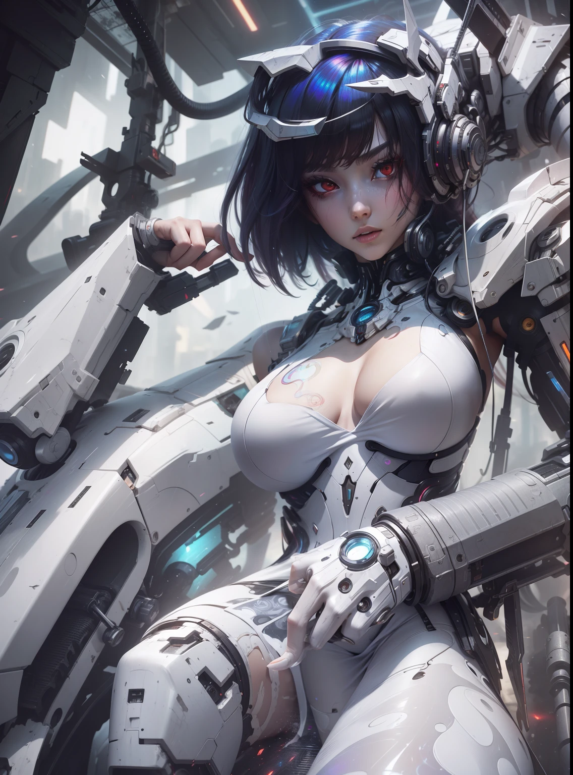 Masterpiece, Best Quality, Girls , Slender, red Eyes, Hair Color, Iridescent, mech body, Long Hair Spreading, cyberpunk guns , White Skin, Medium, Cute, Sexy, Exposed Skin, Night, Psychedelic, Trip, Extreme Color, Paisley Theme, Legs, , Full Body