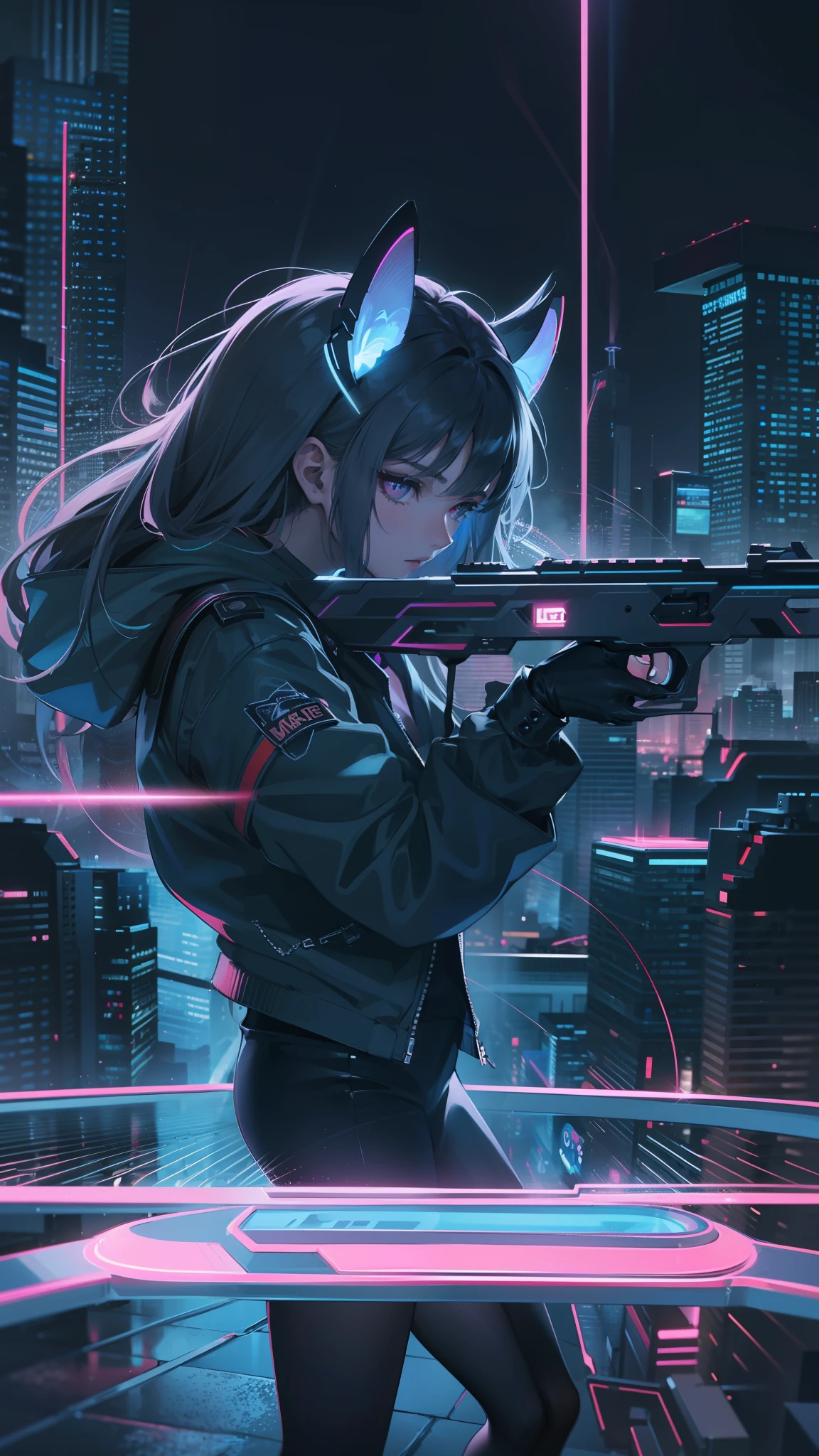 1man point the gun at the beautiful girl, detailed face film lighting effects realistic night light effcts neon architecture blue and black mixture artistic movement, 8K UHD graphics Sony Alpha A7 background ultra blured.