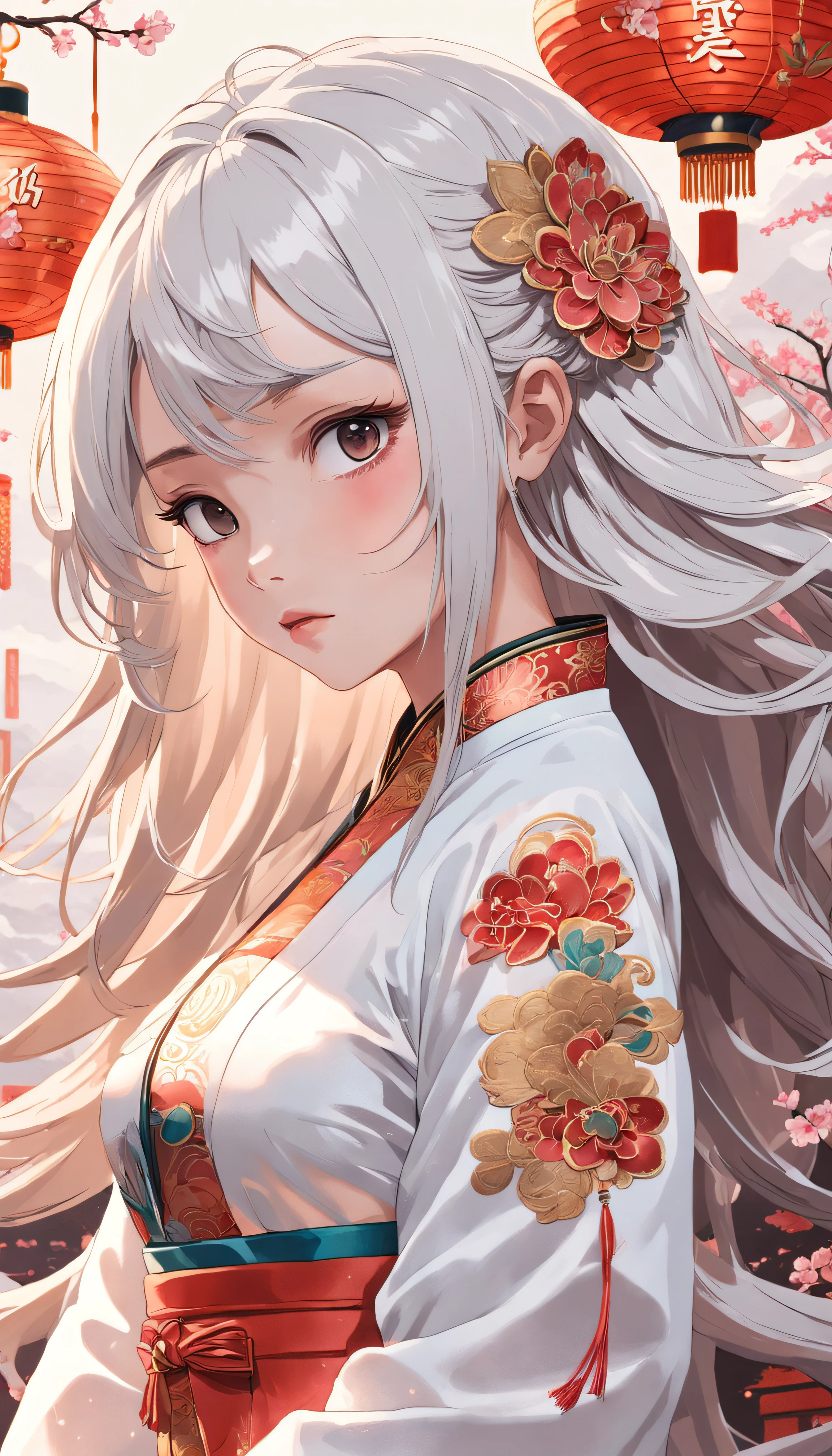 Royal sister,Cold and glamorous,Raised sexy,on cheongsam,Embroidery,(1girll,White color hair,closeup cleavage, colorfull long hair, Oriental elements),(Super refined,Chinese illustration:1.3,paper art:1.3, Quilted paper art:1.2),( reasonable design, Clear lines, High sharpness,Best quality, Very detailed, Masterpiece, movie light effect, 4K )