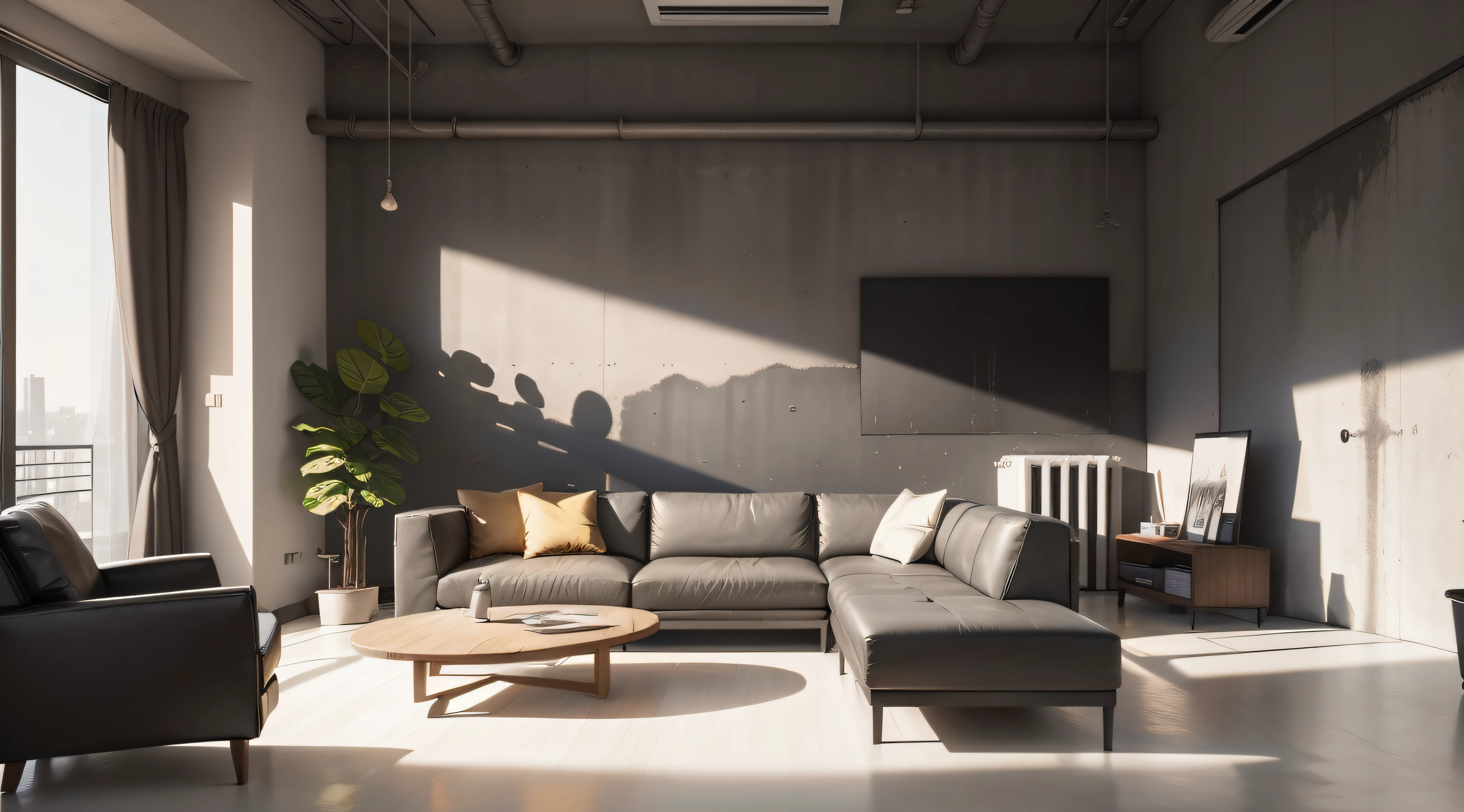 Generate an artistic representation of a living room with an exposed concrete wall, complemented by contemporary furnishings and carefully chosen decor, capturing the balance between industrial and refined aesthetics.