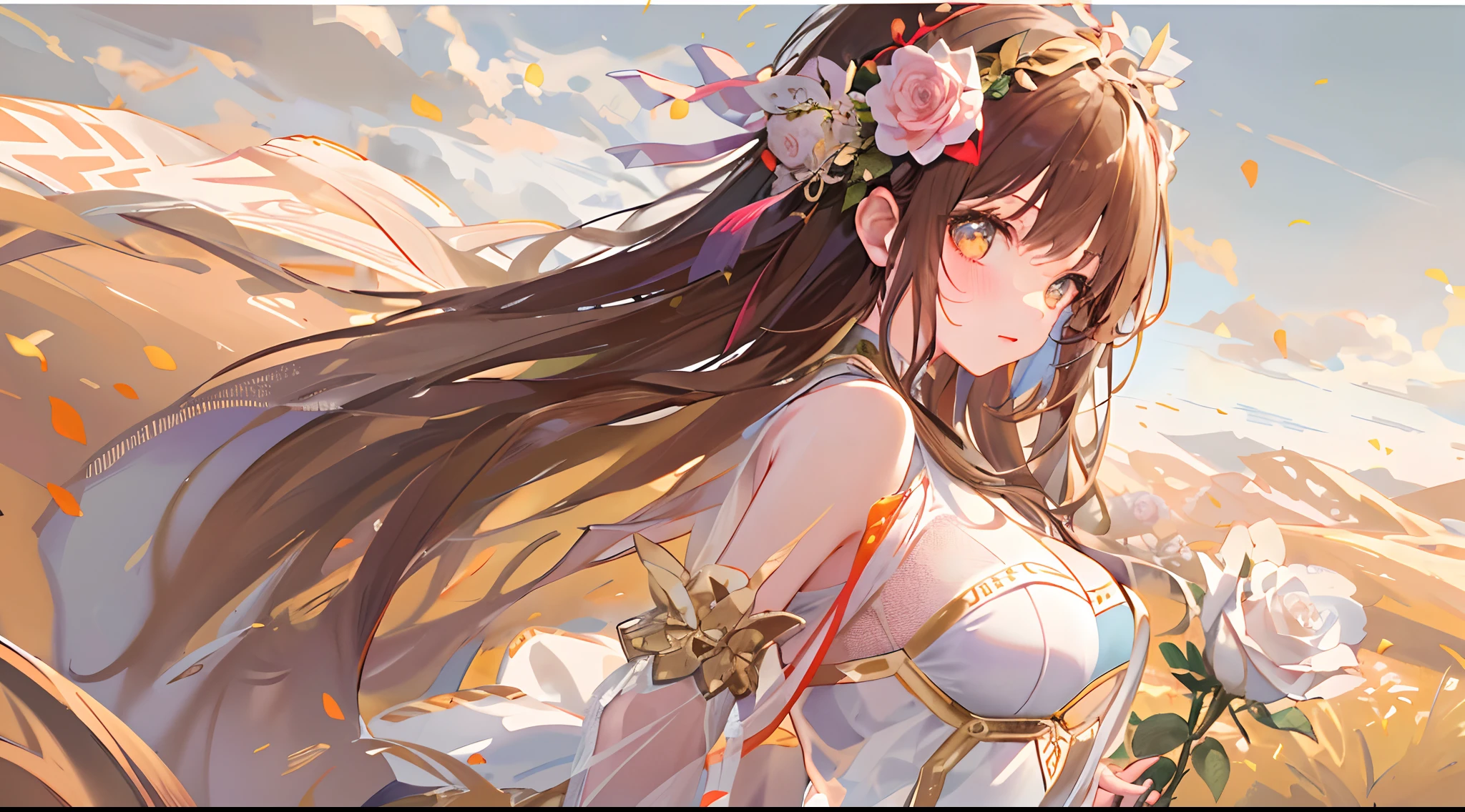 Masterpiece quality,The best quality assurance。A brown hair、Cute girl with golden eyes。Tsundere,Exudes magic,With a rose headdress,Long hair flutters in the wind,naughty big breasts,White sportswear,Genki girl,Behind it is the desert