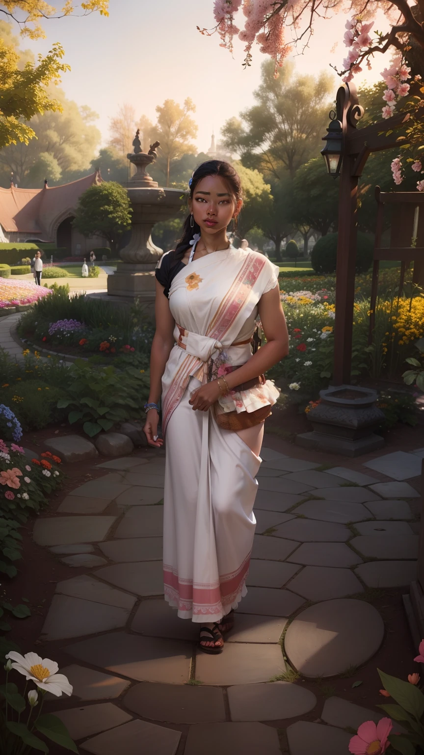 Flower garden with park background, fair skin color