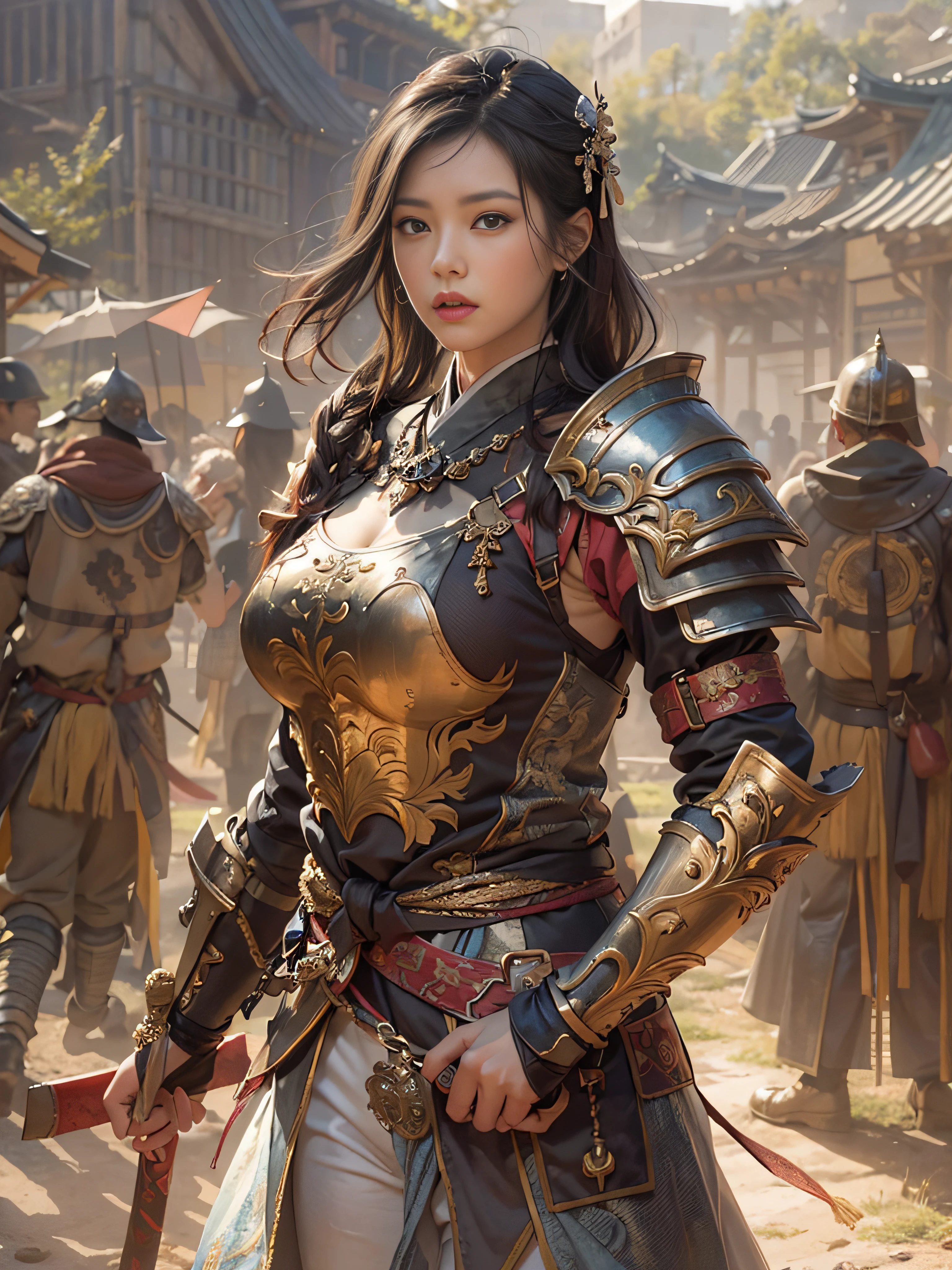 tmasterpiece,A high resolution,Absolutely beautiful,Oriental women,Eastern warriors,a mature female,,Fine and detailed eyes and detailed face,Tall and tall,She wears armour,Full coverage of the armor,Armor pants,Armor boots,Show off your armor and iron boots、、decor,Shogun, allure:(Tall:1.4),haughty,Mature temperament,(Wide buttock:1.4),(Thick thighs:1.4),Majesty,Rich scene detail,In the midst of the war,are standing,action