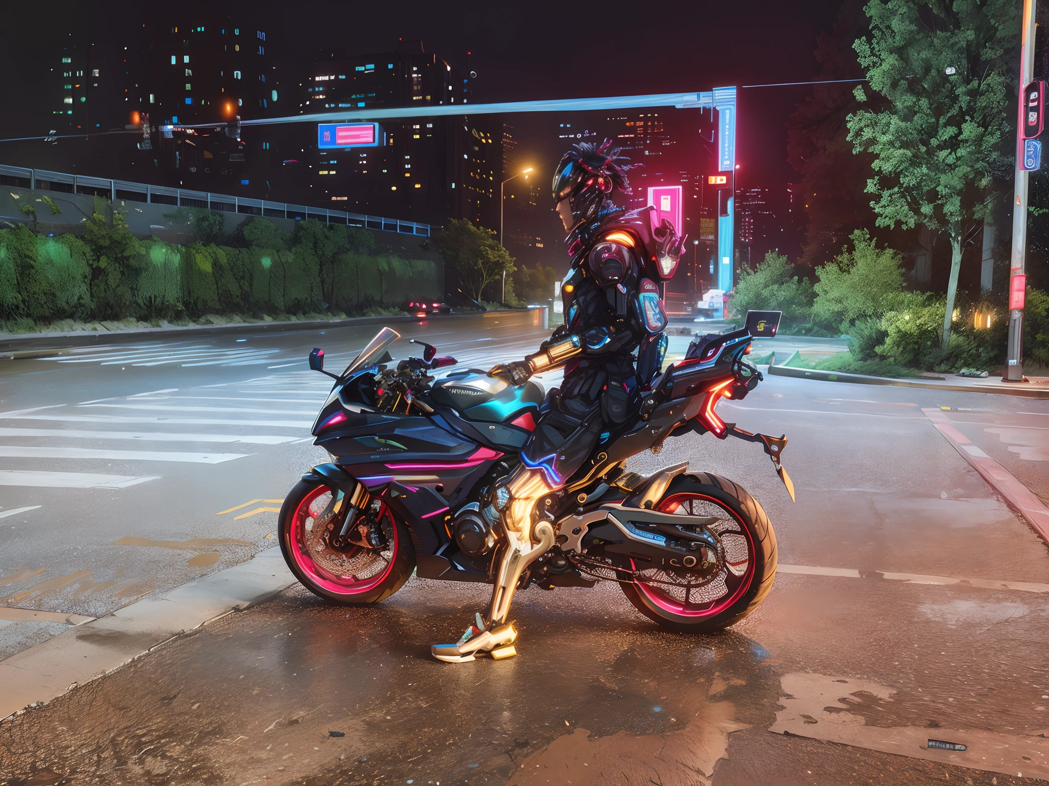 half portrait， best qualtiy， tmasterpiece， 超高分辨率， （photograph realistic：1.4）， ultra-realistic realism， dream magical， metallic  luster， （（afofuturism））
1 boy，Mechanical prosthesis，mech coverage，Fluorescent mech armor，
neon accent lighting，（Vibrant glow：1.2），Dynamic colors，Striking contrast，futuristic vibe，electric energy，reflective surface，
Cyberpunk AI， neonlight， deep space background