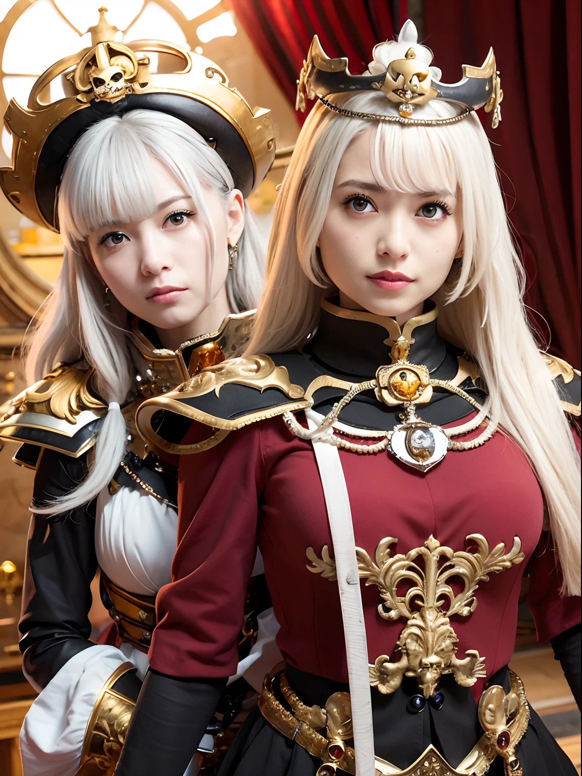 (masutepiece), Professional , masterpiece、top-quality、photos realistic , depth of fields (Gemstone Silver Metal Body:1.9),(Matte White、(Put on a pirate hat)、(Ultimate Beauty)、Jewel Gold Weapon(Jewel Metal Body:1.4),Gorgeous metal weapons , Detailed Sword of the Brave ,warhammer 40k , The port town、adepta sororitas,Detail and ornate jewel crown、Black hair、Gangle's forest background、Beautiful Caucasian beauty、1a person、dynamic ungle,(((Detailed and ornate diamond crown)))、Smaller head、A smile、Take a sexy pose、Background inside the castle、Thin and beautiful female hands、cleavage of the breast、Soldier in iron armor on background、Soldier in iron armor on background、