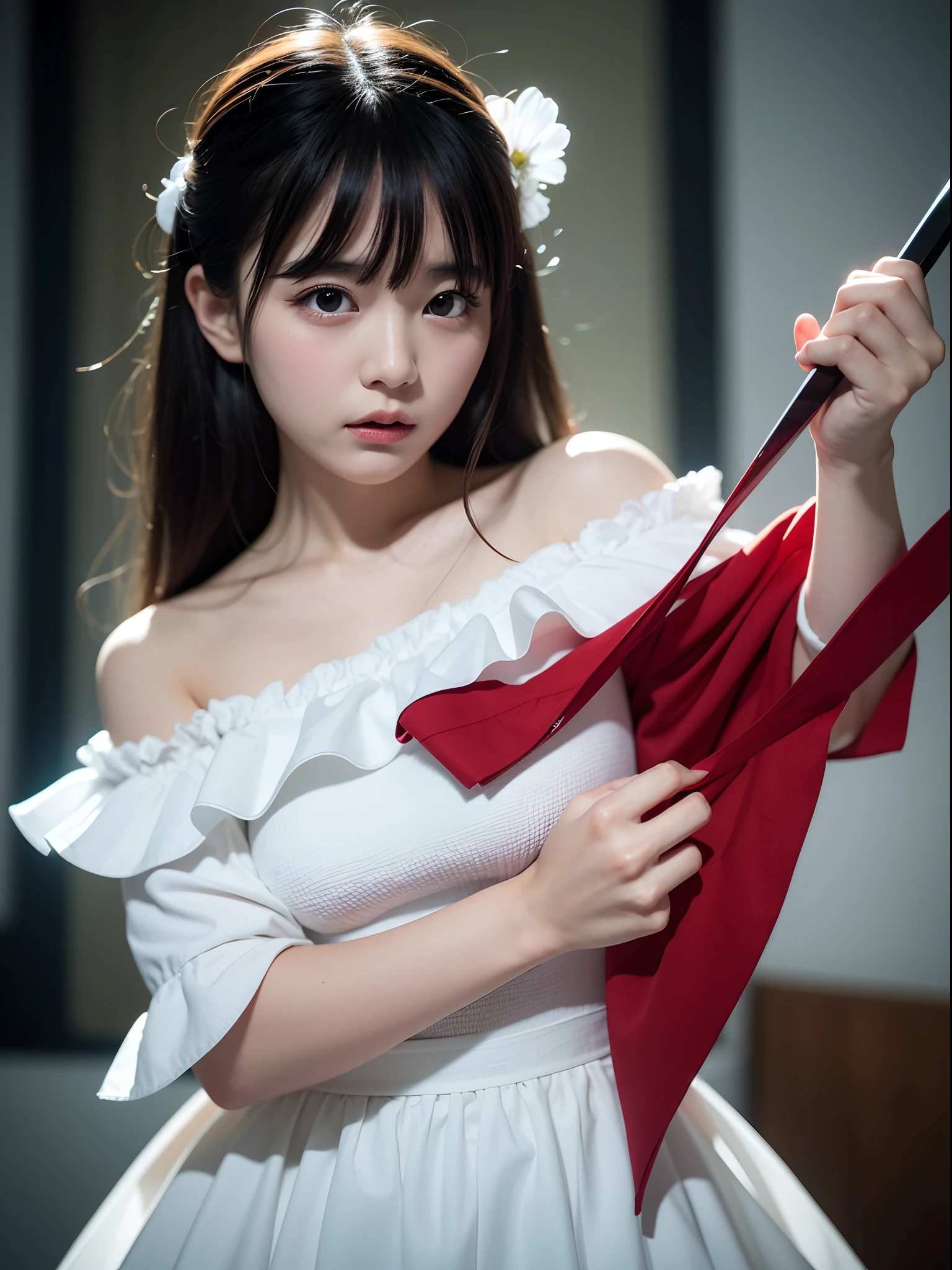 8K、Top image quality、​masterpiece、25-years old、(1 adult female)、White Off Shoulder Dress、Horror style、High-speed shutter、motion-blur、Action Figures、angry expressions、The dim、A knife with blood glows suspiciously、various parts of the body are cut out and bleeding,,,、Blood vessels in the chest are faintly visible、There is also a lot of blood in clothes、She's pretty excited、She holds a knife in the dim light、Glaring at us