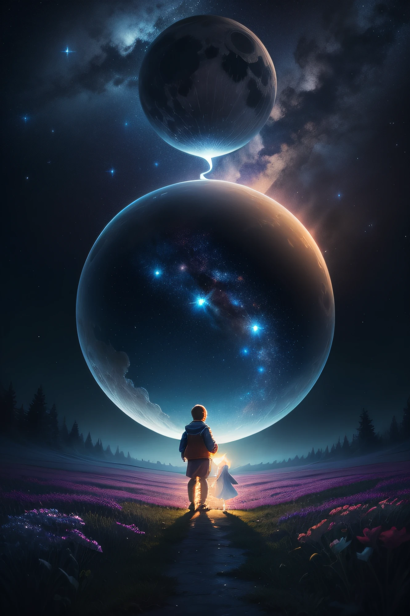 "Crie uma imagem com uma atmosfera encantadora e infantil, inspired by the book 'Greg and the Magic Night'. Nessa imagem, inclua o personagens Lucas, exploring a night scene full of wonders. Add a starry sky with smiling stars and a friendly watching moon. Ademais, Insert a translucent spirit with a friendly and bright appearance, as a magical guide on the night journey. Use soft, vibrant colors to create a cheerful and magical environment that resonates with children's audiences. Let your creativity flow and capture the sense of adventure and mystery that the book conveys."