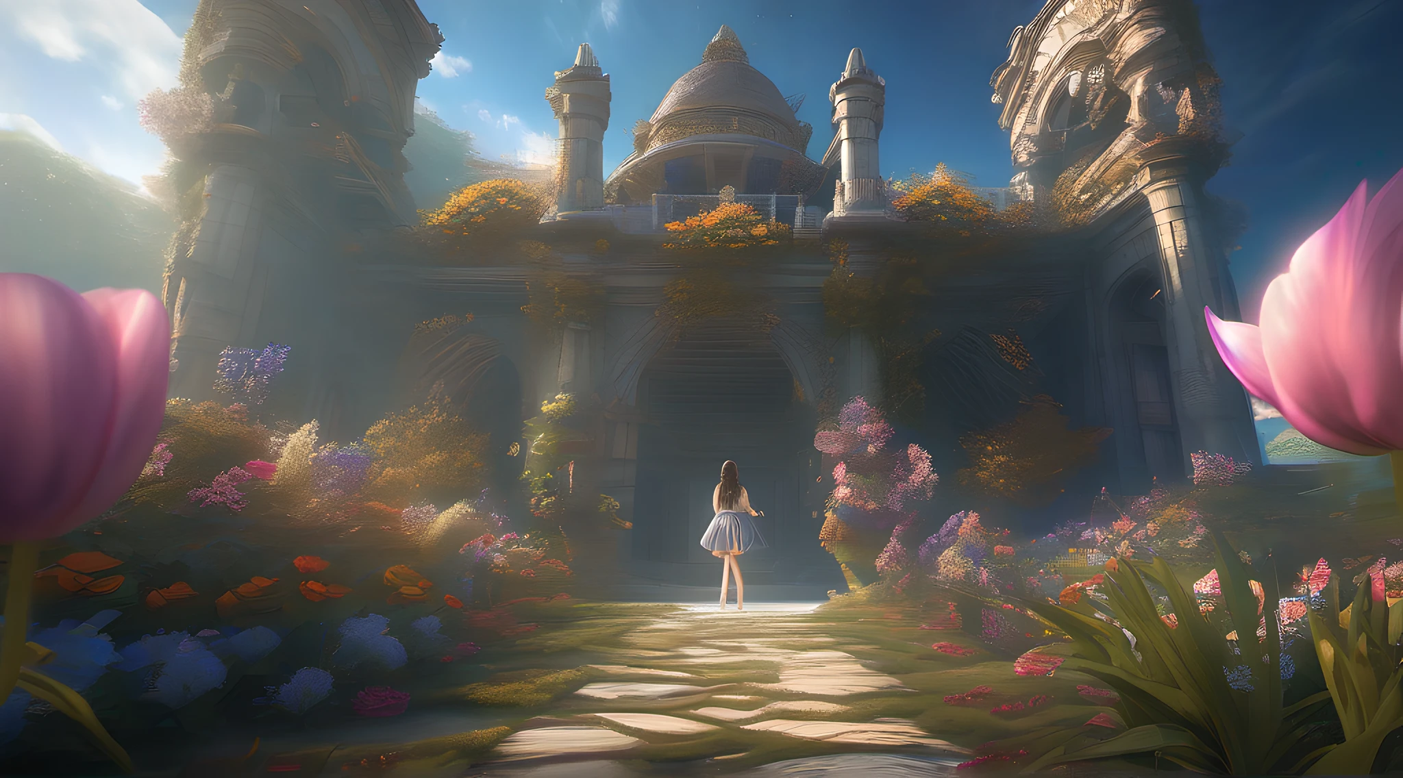 ccurate, best quality, masterpiece, UHD, high details, award winning, (Amazing:1.1), (Surrealism), Conceptual art, Verism, cinematic lighting, floating ruins in the sky, (((beautiful flower garden))), Horizon, blue sky, paradise scenery, flowers, wind flow, (((fantasy))), frontier, (magnificent space), blurry foreground, bokeh, Hasselblad, lens flare, beautiful school girl, (17 yr old), ((((full body)))), from behind, she is dancing, without looking at me, (((wearing school uniform))), black eyes, black hair, (floating hair), ((8 life size)), detailed hairstyles, detailed bodyline, anatomically correct,