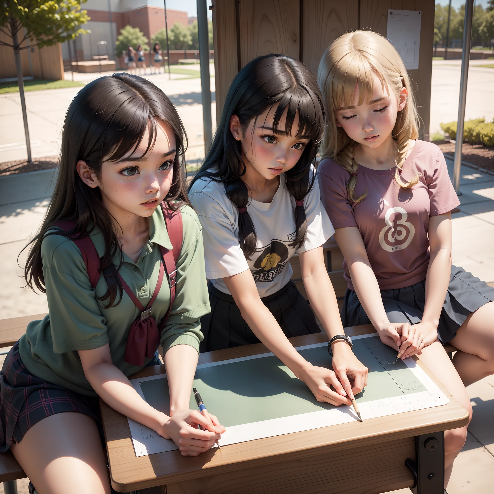 3girls,Three junior high school students sketch on a drawing board by the playground,Set in the academic building