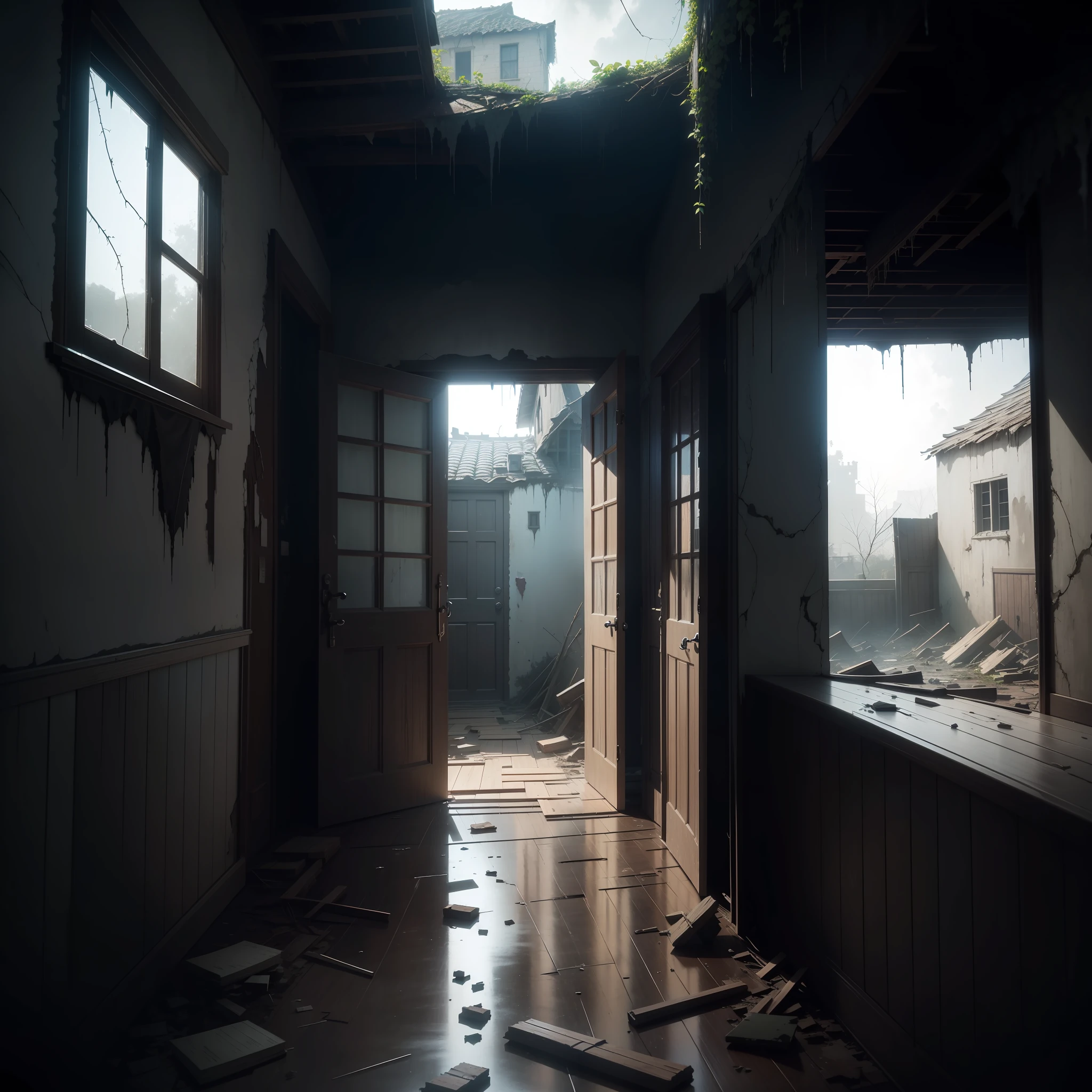 A deserted house sways in the darkness of the night, dim and neglected, with remnants of faded paint barely visible on its cracked walls. Broken windows seem like eyes gazing out to the outside world with indifference and sorrow. The worn-out roof and water leaks mark its weathered façade, and fragments of debris dangle from its surface. Weeds and thorns sprawl beneath the decaying wooden entrance, and birds and small creatures sneak in to explore the corridors of darkness surrounding the house that has lost its charm and vitality.