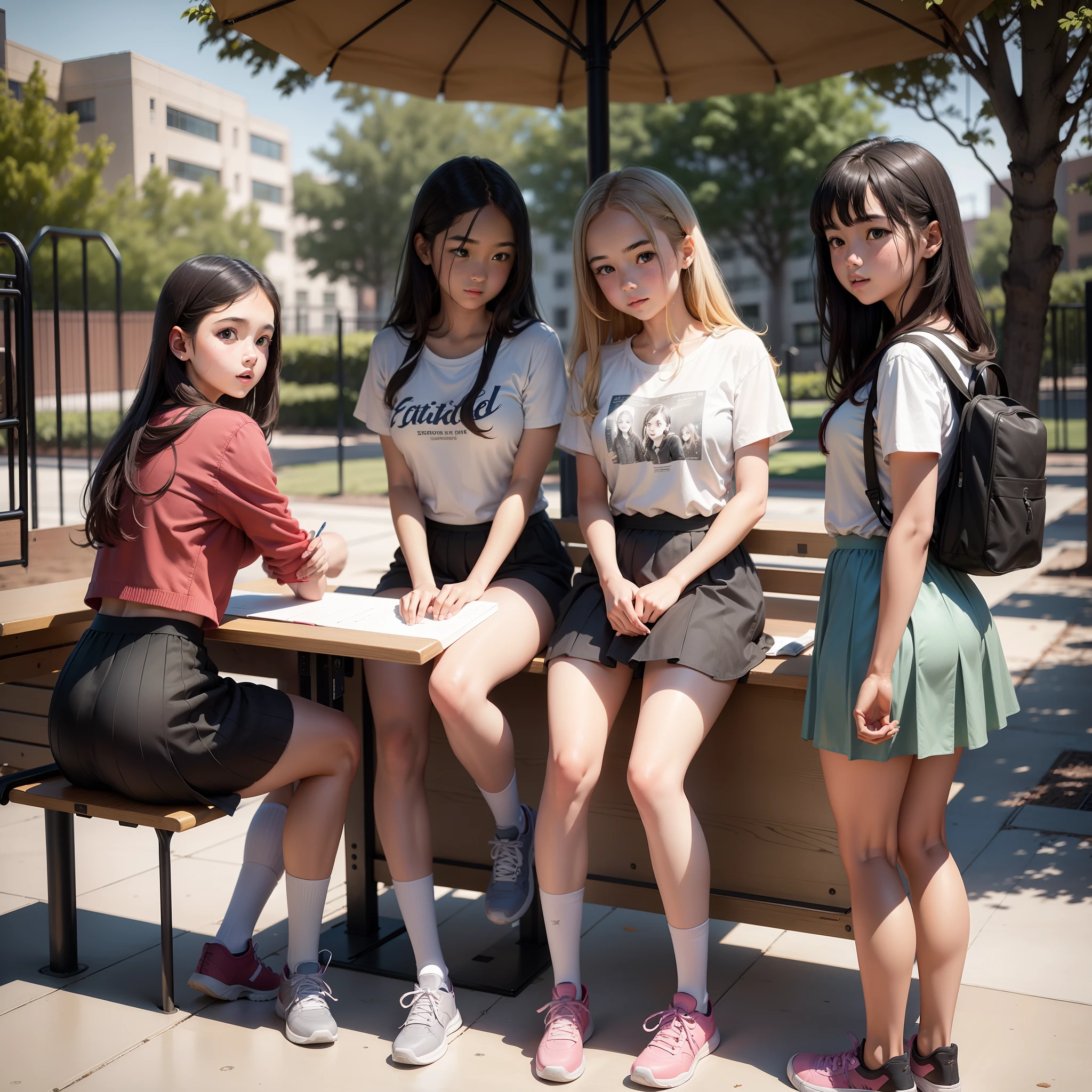 3girls，Three junior high school students sketch on a drawing board by the playground，Set in the academic building