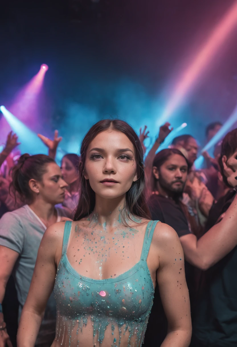 ((Masterpiece:1.3)), ((Best quality:1.3)), ((Supergianthugebreasts_Detailed:1.3)), Luminous design, Pastel colors, ink dripping, DJ, Close-up of upper body, Observe the crowd, In this mesmerizing visual composition, A woman takes center stage, Surrounded by a bright design，Exudes vivid, pastel colors. The design seems to come alive, Ink drips down, adding an ethereal touch to the scene. The woman, A DJ, It was captured in a close-up of her upper body。, Stand behind deck. Her gaze was fixed on the crowd, Watch their every move. The intensity in her eyes reflects her deep connection to music and crowd energy. The composition is meticulous, Every intricate pattern and color gradient of the luminous design is precisely represented. Pastel colors create a dreamy atmosphere, Enhance the captivating aura of the scene. Ink droplets add a touch of unpredictability and creativity, It symbolizes the fluidity and artistry of DJ craftsmanship. When the DJ observes the crowd, The energy in the room is palpable. The crowd is a blur of movement, Raise both hands，The body sways to rhythm. The presence of DJs is magnetic, Channel the energy of the room with her musical choices and skillful mixing. This piece is a true masterpiece, Capture the fusion of music and visual arts in an engaging and immersive way. It celebrates the creativity and passion of DJs, At the same time, the audience is invited to be part of the exciting atmosphere of the live performance.
