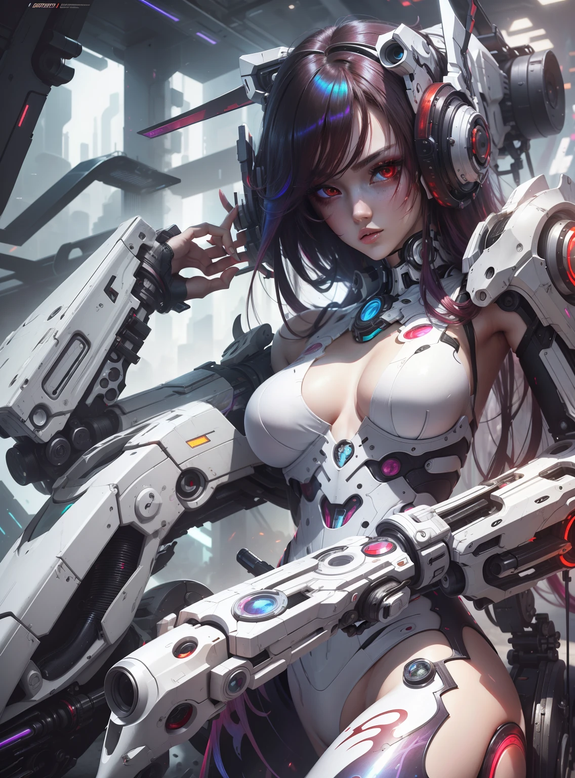 Masterpiece, Best Quality, Girls , Slender, red Eyes, Hair Color, Iridescent, mech body, Long Hair Spreading, cyberpunk guns , White Skin, Medium, Cute, Sexy, Exposed Skin, Night, Psychedelic, Trip, Extreme Color, Paisley Theme, Legs, , Full Body