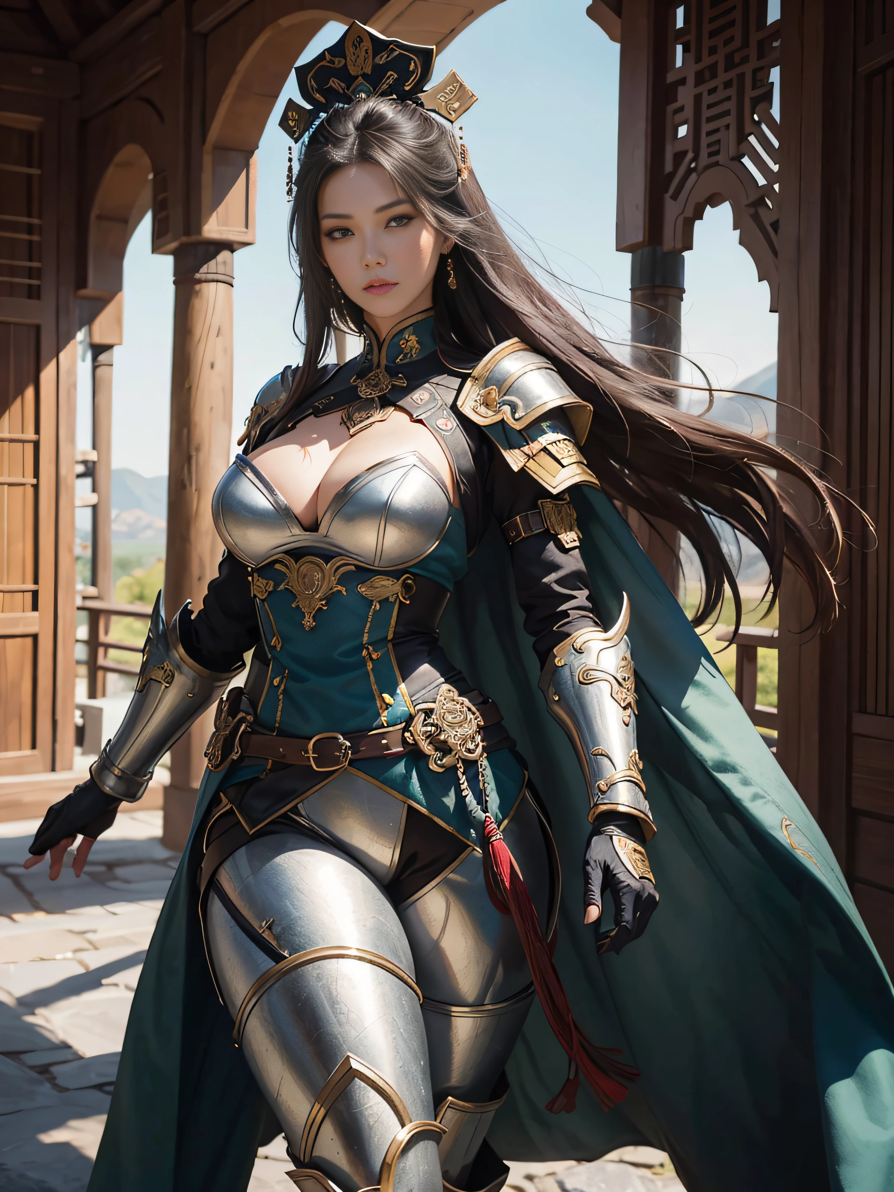 tmasterpiece，A high resolution,Absolutely beautiful，Oriental women，Eastern warriors，a mature female，，Fine and detailed eyes and detailed face，Tall and tall，She wears armour，Full coverage of the armor，Armor pants，Armor boots，Show off your armor and iron boots、、decor，Shogun， allure：（Tall：1.4），haughty，Mature temperament，（Wide buttock：1.4），（Thick thighs：1.4），Majesty，Rich scene detail，In the midst of the war，are standing，action