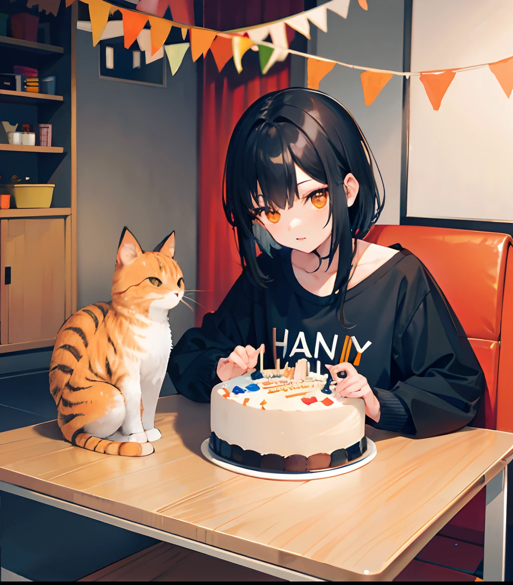 A 20 year old Asian girl,Black hair,On a birthday,Next to it lies an orange cat,Birthday cake on the table