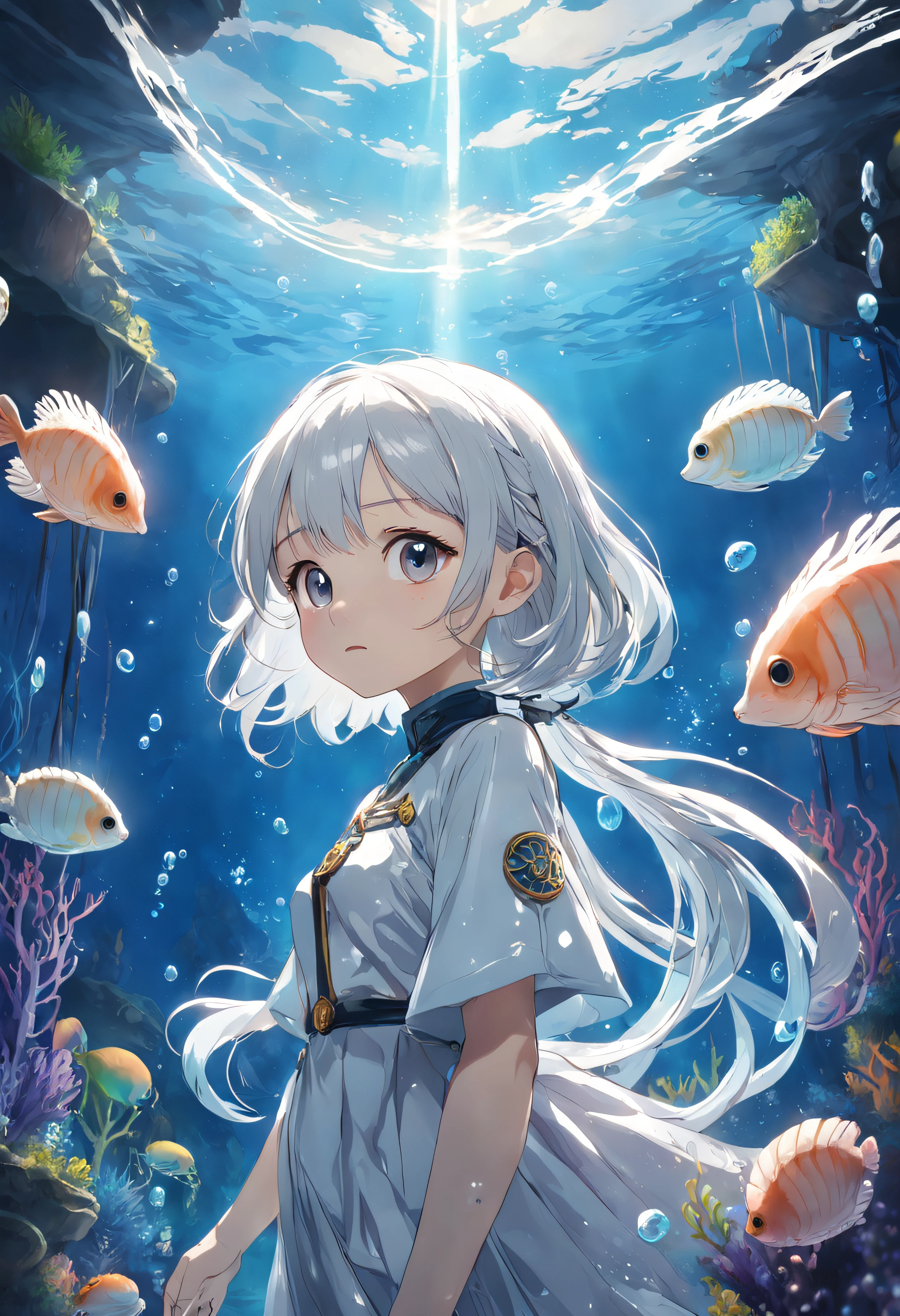 Undersea juvenile silver-haired shell house,Girl with short white hair,Flying strands of hair,Colorful bubbles,A plant,Sparkling,ocean floor,( reasonable design, Clear lines, High sharpness,Best quality, Very detailed, Masterpiece, movie light effect, 4K )