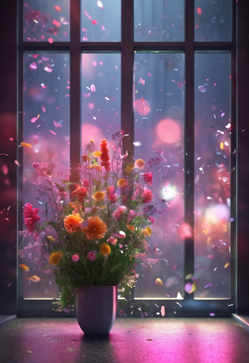 Particles behind glass Many flowers, virtual and solid blur, point clouds, particles, plan, 32k