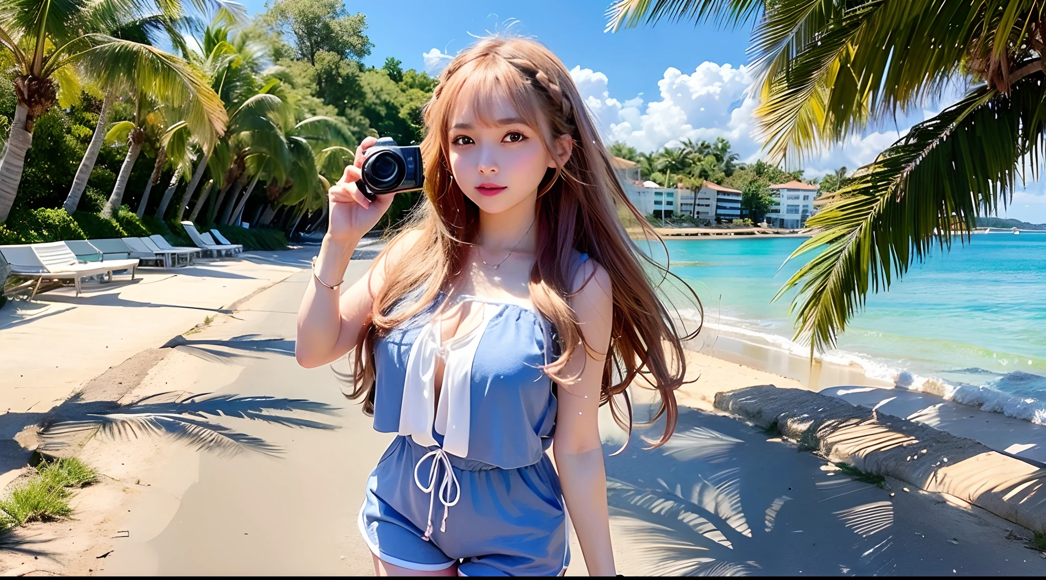 Prefer sunshine girl, long brown curly hair, braids at side, wearing pink romper, casual white shoes, walking a puppy, by the beach, (one hand holding camera), big round eyes, blue eyeball, sunny weather, blue seas, wearing ear stud, hanging around