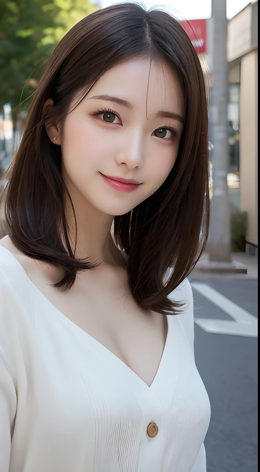 masutepiece, Best Quality, Illustration, Ultra-detailed, finely detail, hight resolution, 8K Wallpaper, Perfect dynamic composition, Beautiful detailed eyes, doress,Medium Hair, Mid-chest, Natural Color Lip, Random and sexy poses,Smile,Aoyama Street Walk、20 years girl