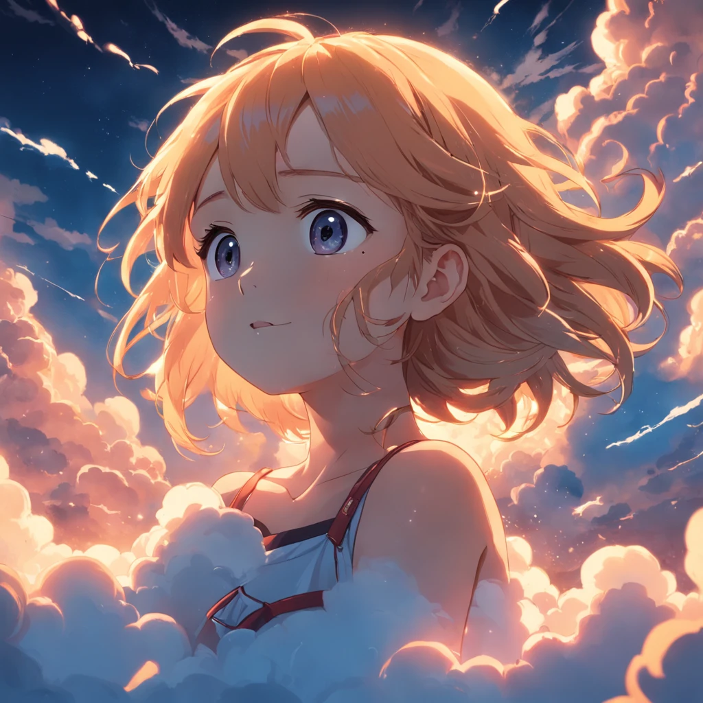 masterpiece, best quality, movie still, 1girl, cloud girl, floating in the sky, close-up, bright, happy, warm soft lighting, sunset, (sparks:0.7)