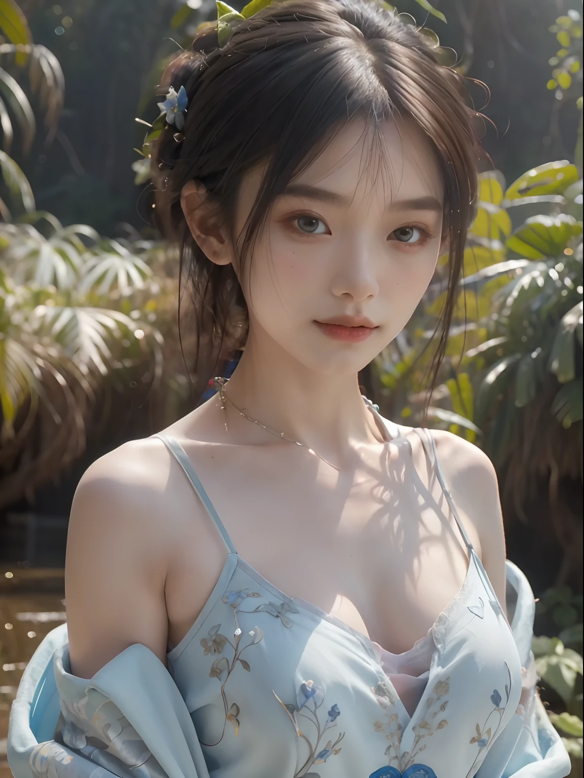 fashion photography portrait of woman avatar, 1girl in blue lush Alien Rainforest with flowers and birds, fantasy, octane render, hdr, Dolby Vision, (intricate details, hyperdetailed:1.2), (natural skin texture, hyperrealism, soft light:1.2), fluffy short hair, , sharp focus, night, necklace, Chinese mythology, cleavage, medium breasts, sci-fi headband, looking at viewer, best quality, perfect body,