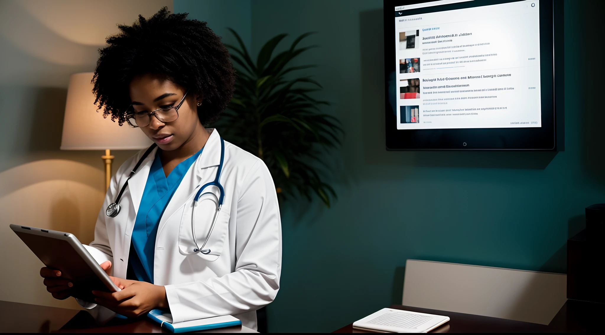 The future of healthcare, A young Afro American woman doctor immersed in research, her focus evident as she studies medical literature on her tablet, Fujifilm X-T4 with 23mm f/2 lens, controlled lighting, technology integration photography.