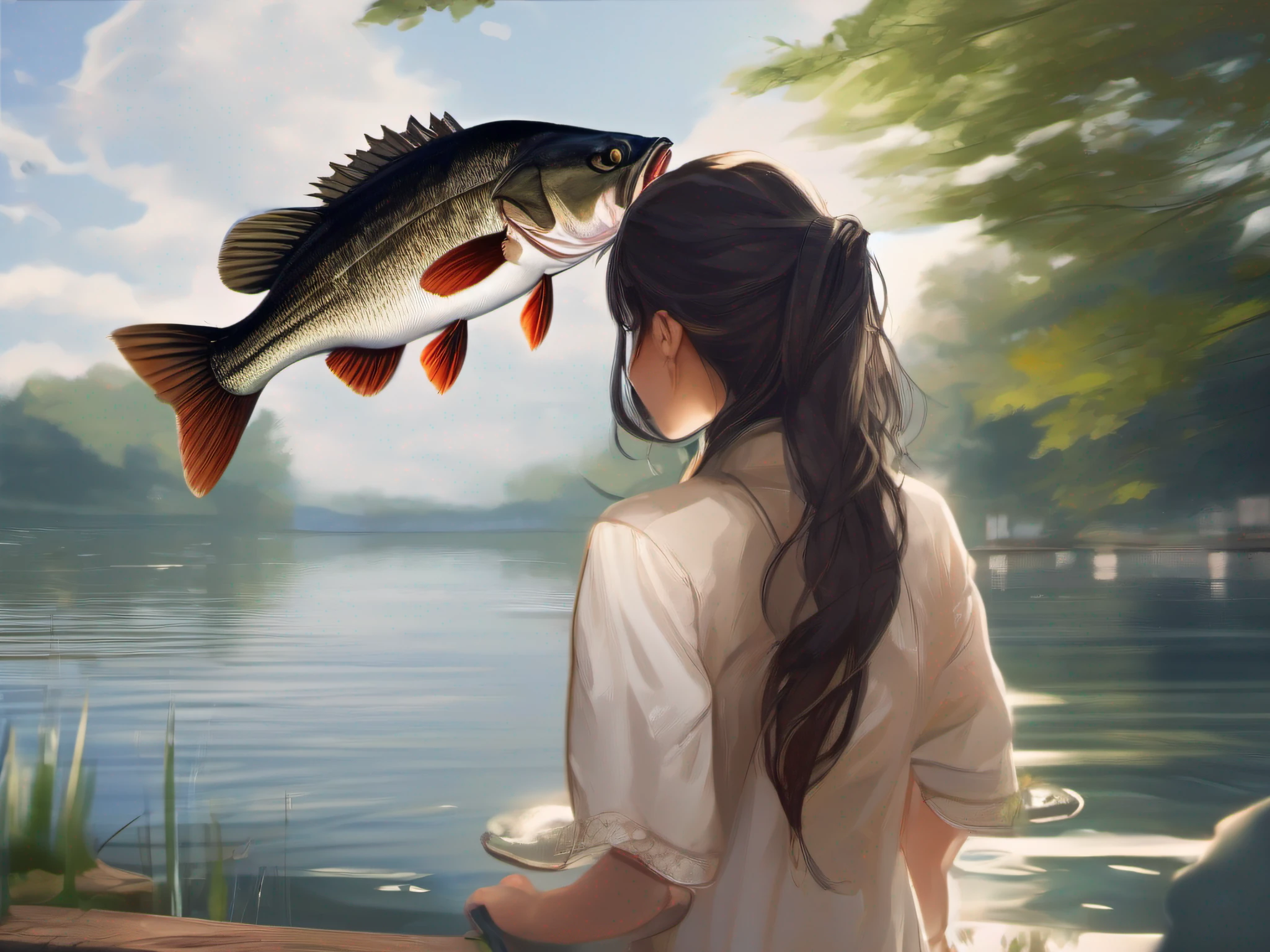 ((((Catch a big black bass by the lake:1.5)))),((1 female 22 years old))((Best Quality, masutepiece :1.5)),(((Hands with the correct number and structure of fingers:1.5))),hight resolution,ultra-detailliert,​masterpiece,best qualtiy,,Black hair, long eyeslashes, Solid Circle Eyes, Smiling Woman, drop shadow, Atmospheric perspective,Super Detail, ccurate, small brest,(Black jacket :1.1),top-quality, blurry backround, bokeh dof:1.2, (​masterpiece:1.3),  Atmospheric perspective,Super Detail,dynamic compositions