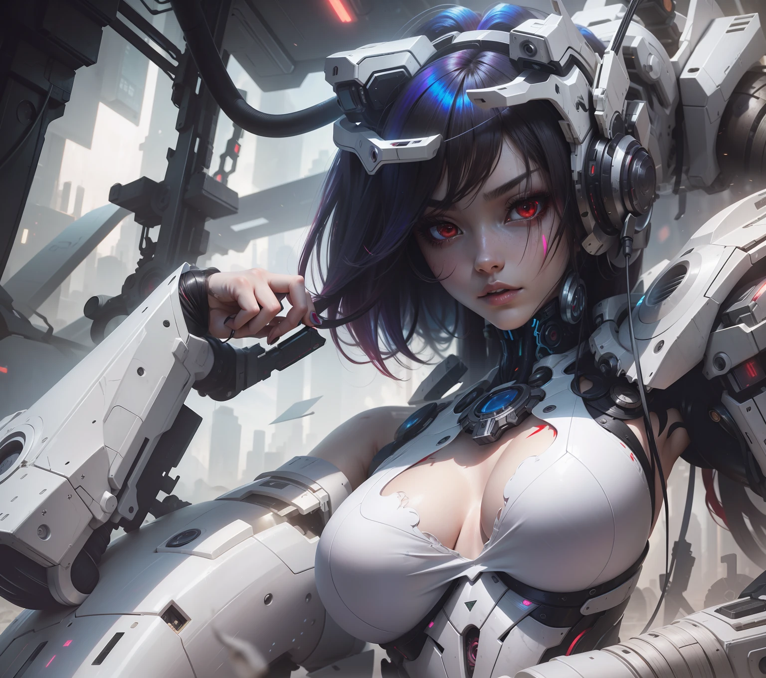 Masterpiece, Best Quality, Girls , Slender, red Eyes, Hair Color, Iridescent, mech body, Long Hair Spreading, cyberpunk guns , White Skin, Medium, Cute, Sexy, Exposed Skin, Night, Psychedelic, Trip, Extreme Color, Paisley Theme,  Legs, , Full Body