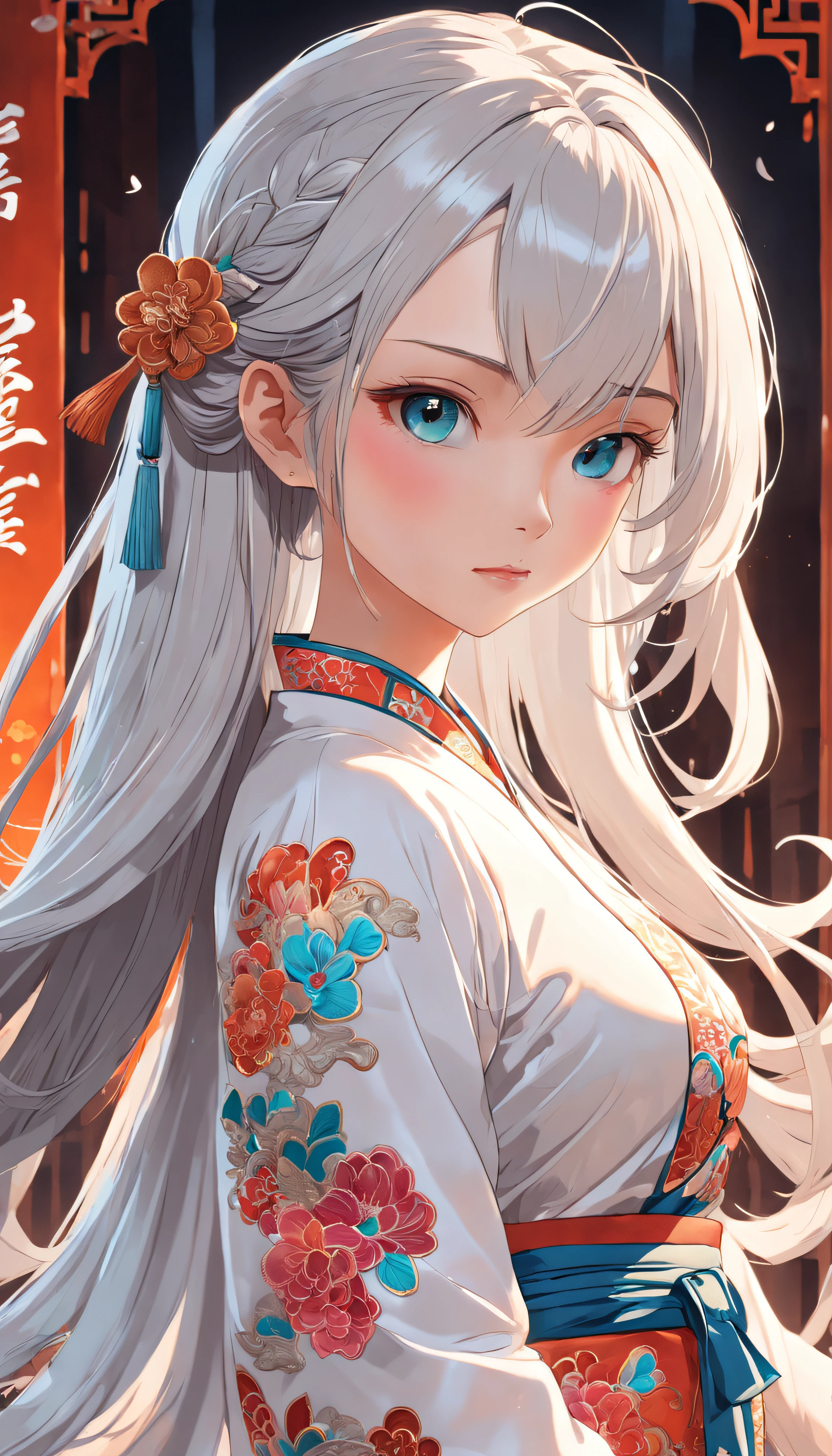 Royal Sister,Cold and glamorous,Raised sexy,on cheongsam,Embroidery,(1girll,White color hair,closeup cleavage, colorfull long hair, Oriental elements),(Super refined,Chinese illustration:1.3,paper art:1.3, Quilted paper art:1.2),( reasonable design, Clear lines, High sharpness,Best quality, Very detailed, Masterpiece, movie light effect, 4K )