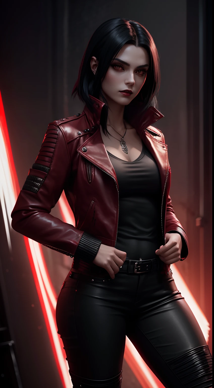 1girl, (A beautiful female vampire mercenary), (wolfcut black hair), (wearing red leather jacket and black casual outfit), dynamic pose, ambient lighting, photo realism, intricate face detail, intricate hand details, highly detailed, vibrant colors, cinematic, 8k, trending on Artstation--style raw