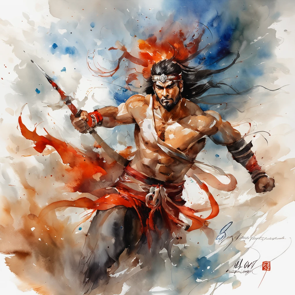 hanuman in the sky, clouds, action pose,expressive essence of brush strokes art, raw energy and emotion of brushwork, in the art style of Raymond Swanland, Parvati