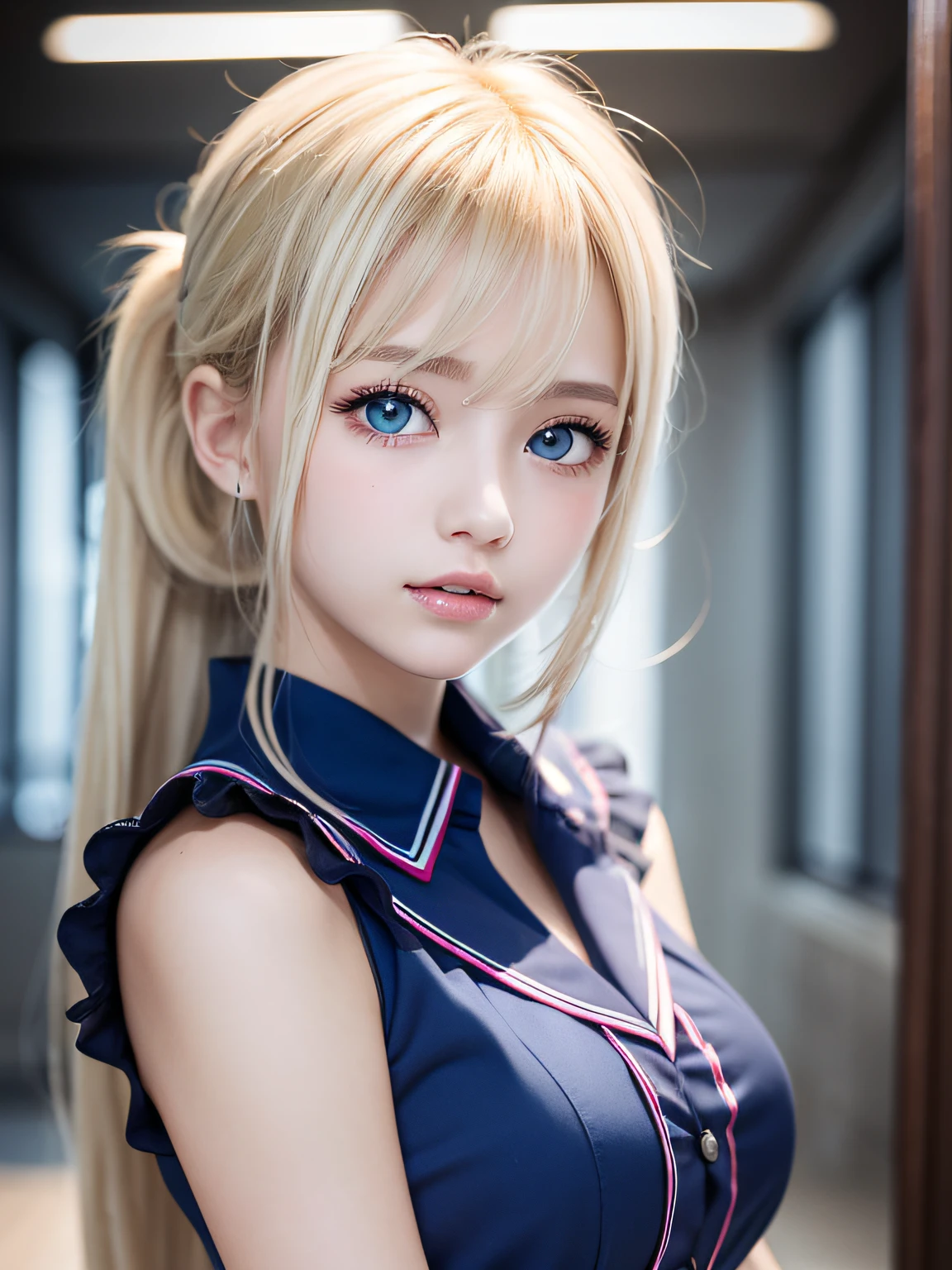 portlate、School Uniforms、bright expression、poneyTail、Young shiny shiny white shiny skin、Best Looks、Blonde reflected light、Platinum blonde hair with dazzling highlights、shiny light hair,、Super long silky straight hair、Beautiful bangs that shine、Glowing crystal clear attractive big blue eyes、Very beautiful nice cute 16 year old girl、Lush bust