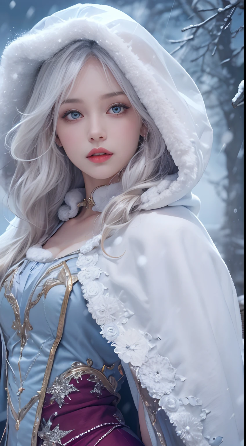 Photorealistic, high resolution, 1 Women, Solo, (Lolita costume)，Gorgeous costumes，Face the audience，The upper part of the body，upper legs， beautidful eyes, White hair, ringed eyes, (outside，Heavy snowfall，Cloak，Cover with snow)，snowfield