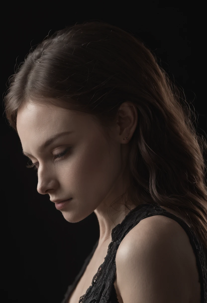 In the controlled confines of a studio, a model's silhouette takes center stage against a deep black background. Soft backlighting envelopes the model's form, creating a serene and contemplative ambiance. The dark photography style adds an element of tranquility, while the monochromatic palette elevates the minimalist composition.