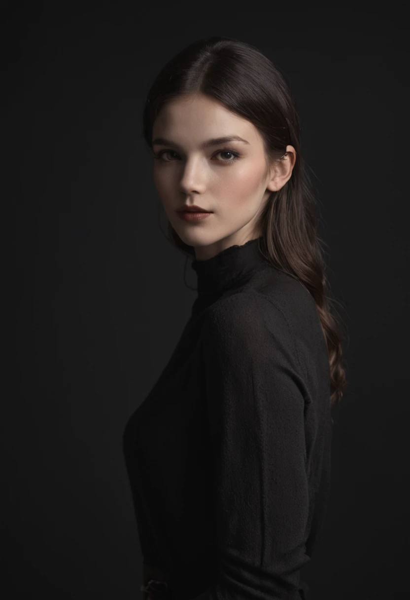 In the controlled confines of a studio, a model's silhouette takes center stage against a deep black background. Soft backlighting envelopes the model's form, creating a serene and contemplative ambiance. The dark photography style adds an element of tranquility, while the monochromatic palette elevates the minimalist composition.