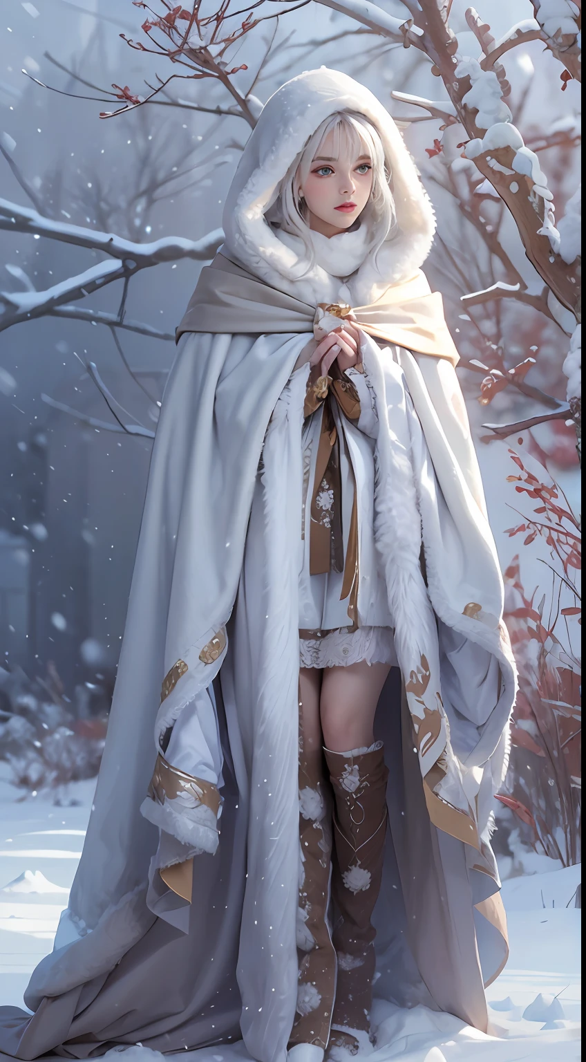 Photorealistic, high resolution, 1 Women, Solo, (Lolita costume)，Gorgeous costumes，Face the audience，The upper part of the body，upper legs， beautidful eyes, White hair, ringed eyes, (outside，Heavy snowfall，Cloak，Cover with snow)，snowfield
