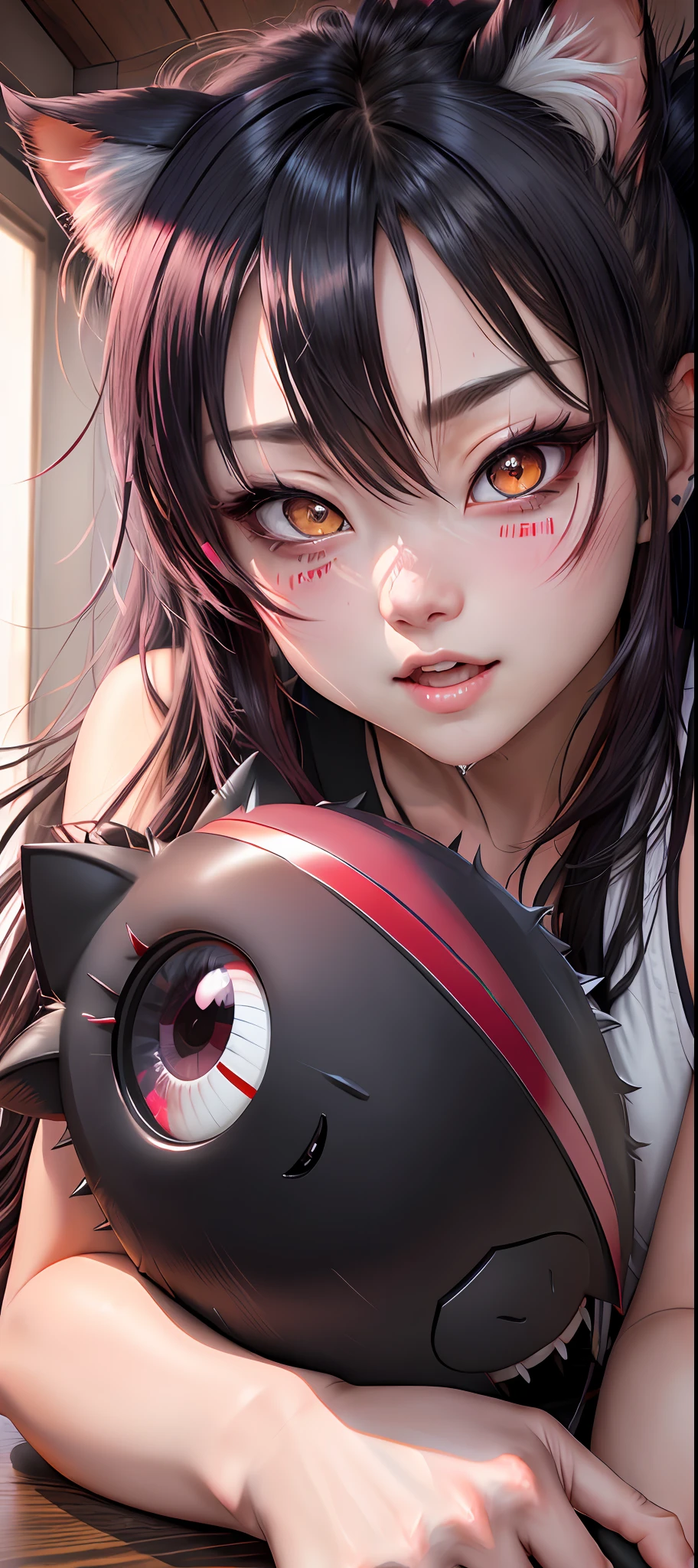 fang, messy hair, rolling eyes, heart-shaped pupils, heart in eye, heavy breathing, torogao, drooling, ahegao, naughty face, naughty, endured face, glint, saliva trail, light blush, expressionless eyes, high detail, anime, modern, Romanticism, super detail, 1080P