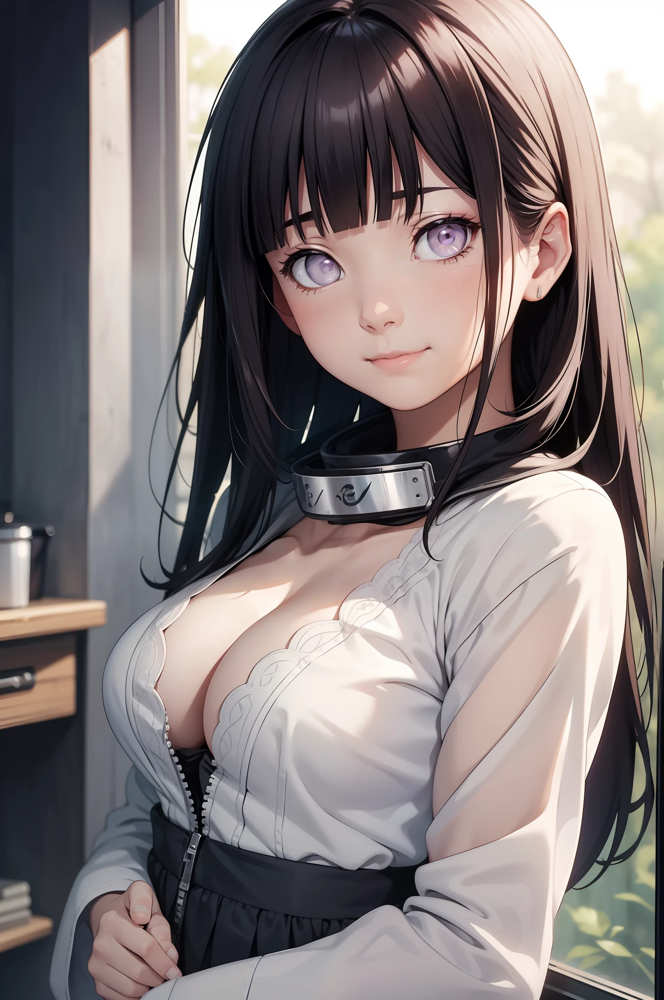 film movie still、1girl in、It stands、14years、pale-skinned、innocent smiles、white stockings、((A detailed face))、(Detailed skin)、moisty，The details are complex、Shallow depth of field、[volume fog]、电影灯光、Reflectors、a Canon EOS R5、50mm lens、f / 2.8、NFFSW、shot at 8k resolution、cleavage，Close-up，Hinata，brunette color hair，White eyeballs