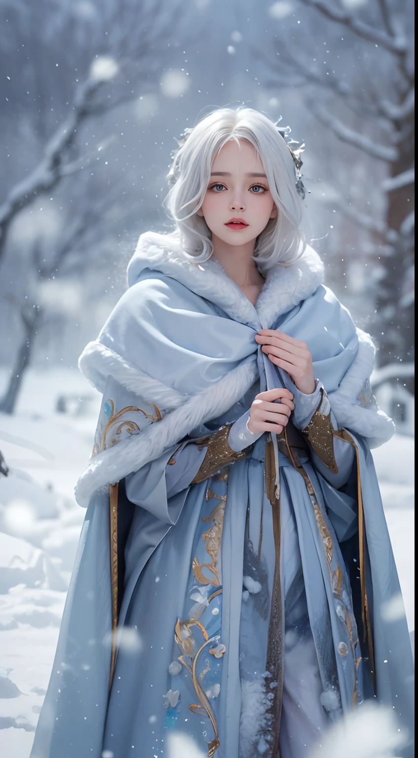 Photorealistic, high resolution, 1 Women, Solo, (Lolita costume)，Gorgeous costumes，Face the audience，The upper part of the body，upper legs， beautidful eyes, White hair, ringed eyes, (outside，Heavy snowfall，Cloak，Cover with snow)，snowfield