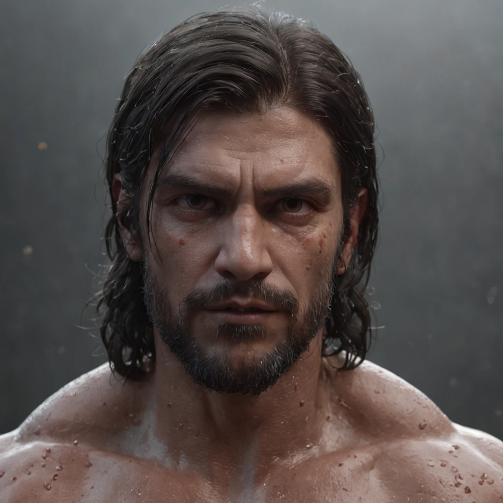 (Professional 3D rendering:1.3) de (Realistic:1.3) Foto de arte mais bonita do mundo,Apresenta homem com dificuldade de acordar, ((Epic hero fantasy rough muscular man wet hero angry look long hair short beard and fierce expression in dynamic pose, fantastic location, majestoso ambiente desordenado)), corpo inteiro 8k unidade render, action shot, poros da pele, very dark lighting, sombreamento pesado, circunstanciado, Rosto detalhado, (vibrante, fotogrdeia realista, Realistic, Dramatic, Escuro, foco nítido, 8k), (Old leather clothes damaged by bad weather:1.4), ((((Use peles)))), (intrincado:1.4), decadente, (altamente detalhado:1.4), pintura digital, rendering by octane, art stations, Conceito-Arte, liso, foco nítido, illustration, germe da arte, (Loish:0.23), Wlop Ilya Kuvshinov, e Greg Rutkowski e Alphonse Mucha Gracias, (global ilumination, studiolight, Light Volumetric), chuva forte, floating particles, patife, fantasia, Onze, corpo inteiroesbian, ((Fundo escuro e antigo da cidade:1.3)),CGSesociedade,art stations