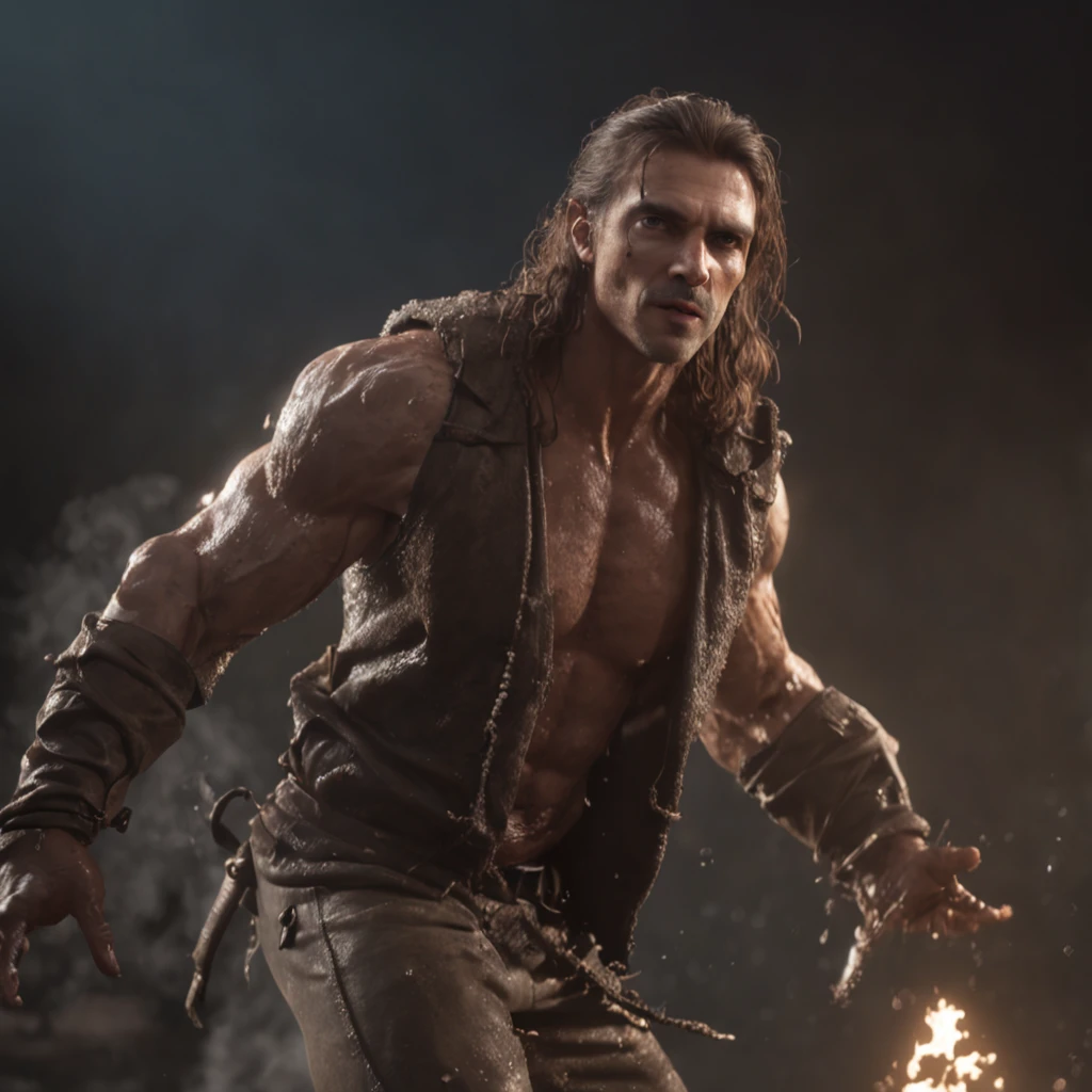 (Professional 3D rendering:1.3) de (Realistic:1.3) Foto de arte mais bonita do mundo,Features soft, bright male heroes, ((Man with several arms performing various rough tasks Angry wet hero looking long hair short beard and fierce expression in dynamic pose, fantastic location, majestoso ambiente desordenado)), Full-body 8k unified rendering, action shot, poros da pele, very dark lighting, sombreamento pesado, circunstanciado, Rosto detalhado, (vibrante, fotogrdeia realista, Realistic, Dramatic, Escuro, foco nítido, 8k), (Old leather clothes damaged by bad weather:1.4), ((((Use peles)))), (intrincado:1.4), decadente, (altamente detalhado:1.4), pintura digital, rendering by octane, art stations, Conceito-Arte, liso, foco nítido, illustration, germe da arte, (Loish:0.23), Wlop Ilya Kuvshinov, e Greg Rutkowski e Alphonse Mucha Gracias, (global ilumination, studiolight, Light Volumetric), chuva forte, floating particles, patife, fantasia, Onze, corpo inteiroesbian, ((Fundo escuro e antigo da cidade:1.3)),CGSesociedade,art stations