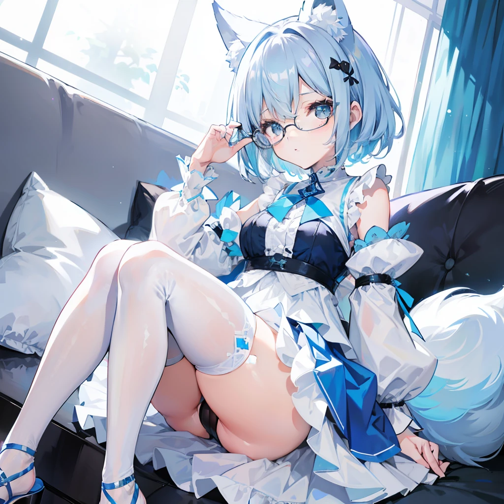 short detailed hair,Fluffy light blue,Wear a white and blue fluffy skirt,It has blue fox ears,Black extra-thick-rimmed glasses,Wearing knee-length white silk,panties visible, This is a cute girl