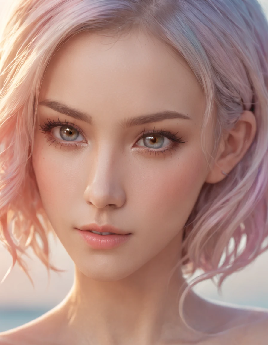 (Masterpiece) Arti modern anime. Birds eye view, A stunningly beautiful female 17th, rainbow hair, D cup big bust, slim body. vixip, close-up face portrait, photorealistic. Beach, sunset, Blush, paint drop, water reflection, trod. Hand drawing illustration, cinematic lighting, highly detailed. Perfect composition golden ratio, masterpiece, best quality, 4k, sharp focus. Better hand, perfect anatomy.