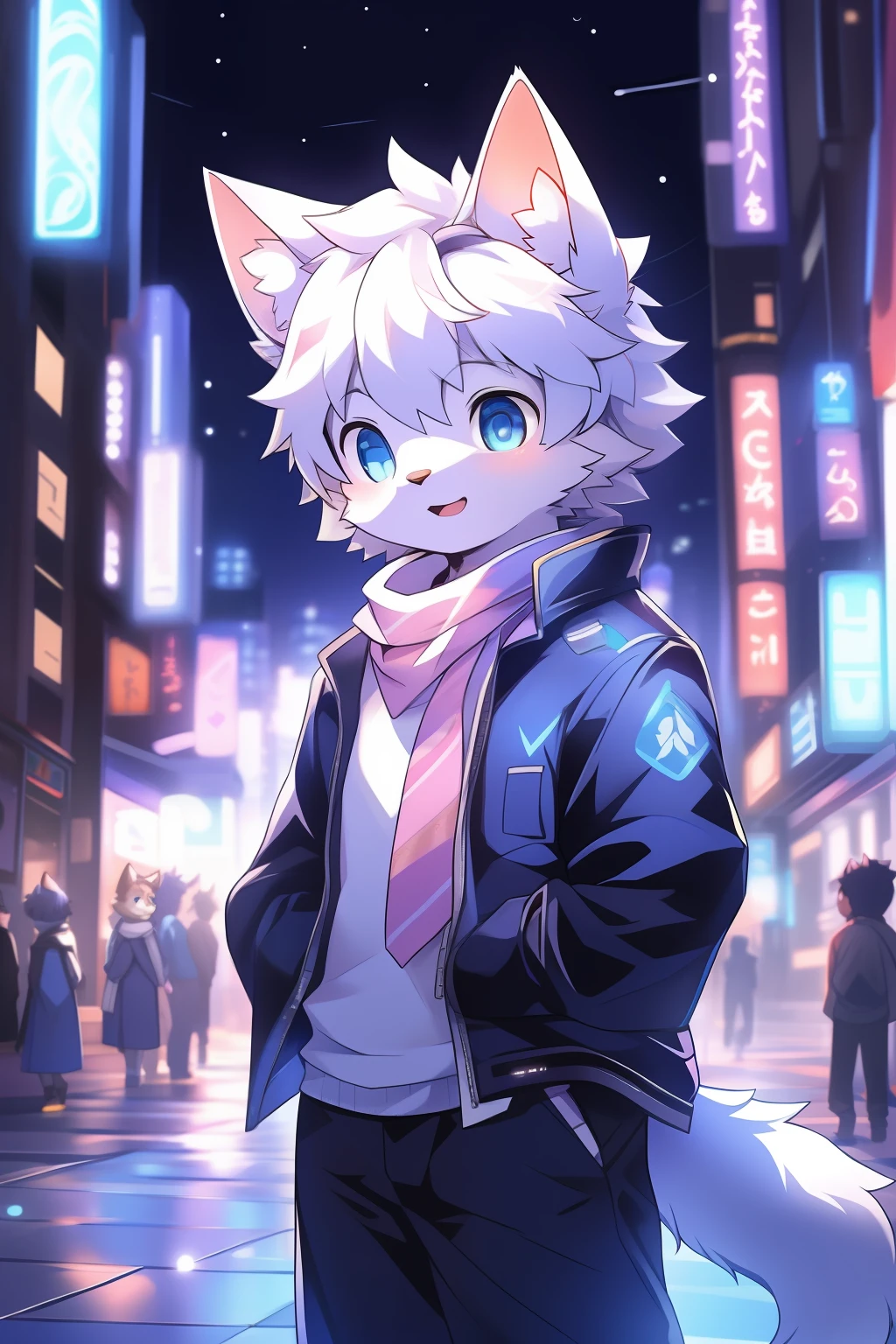 Highest picture quality，Delicate painting style，Delicate hook lines，Masterpieces，Fine skin，Delicate hair，Delicate hands，Delicate eyes，Normal eyes，White cat ears，shaggy，Blue eyes，Handsome，（（White scarf）），Cat style，Shota，Cyberpunk, Blue pupils, Night view of the city, , Dappled light and shadow, Boy，Shota，There are bright eyes of God，White fur，blue jacket，独奏，solo person