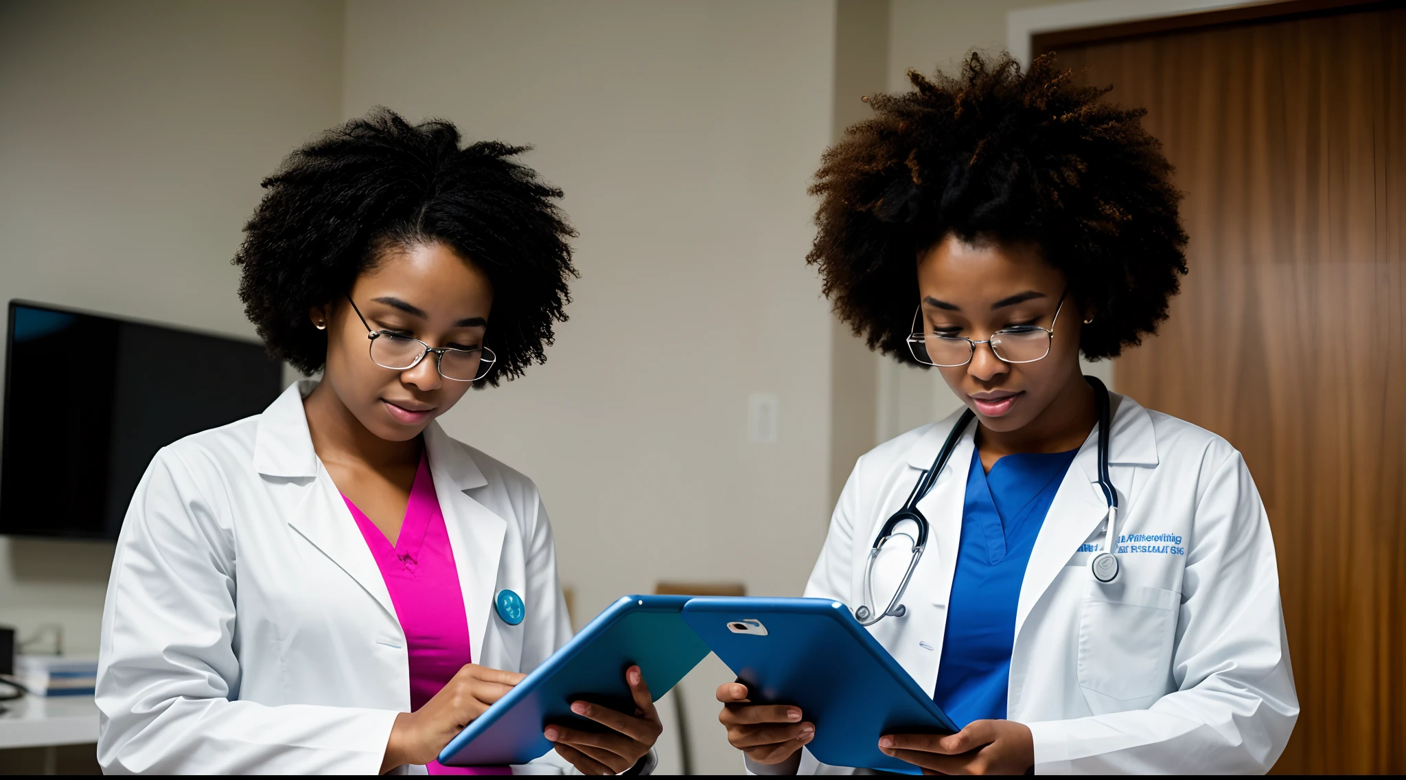 The future of healthcare, A young Afro American woman doctor immersed in research, her focus evident as she studies medical literature on her tablet, Fujifilm X-T4 with 23mm f/2 lens, controlled lighting, technology integration photography.