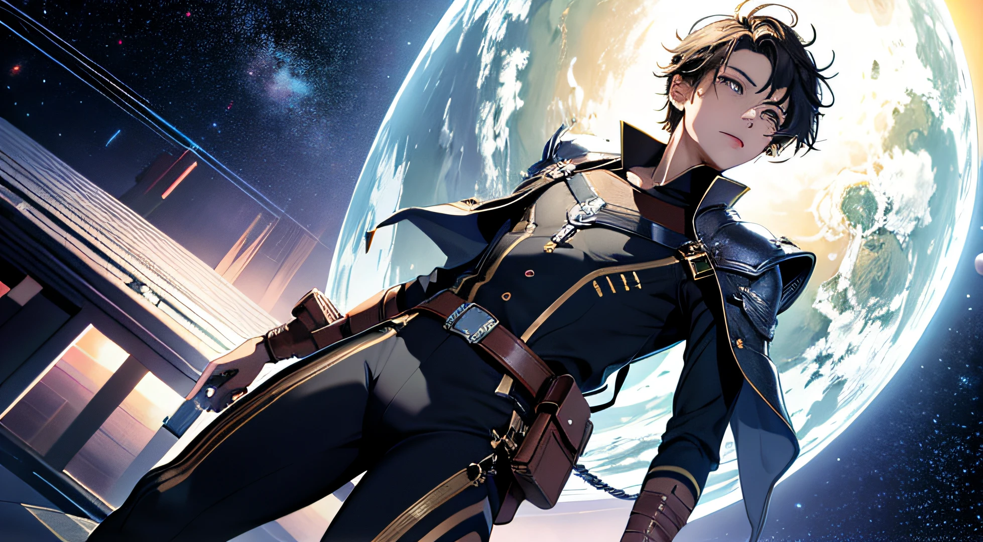 ridiculous resolution, high resolution, (masterpiece:1.4), super detailed, 1boy, seen from above, space, floating, --v 6