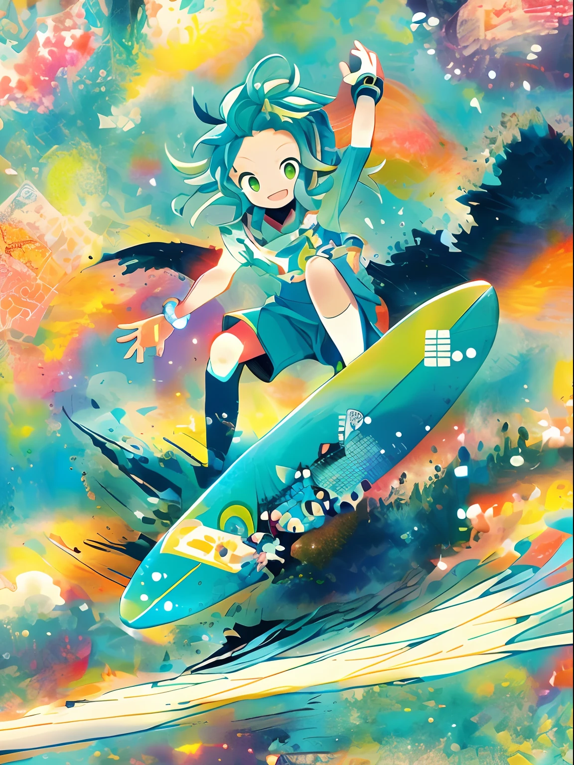 Anime girl on surfboard riding waves in the sea, Surfing, cushart, Lori, cushart kenz, Asuka as a surfer model, Fubuki, expressing joy. by krenz cushart, Official art, by Yoshihiko Wada, nagatoro, hight resolution, Wallpaper!, 2 d anime style, Eau